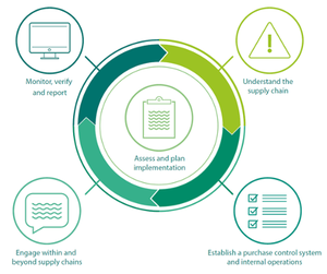 A diagram laying out the supply chain management approach: 1. Assess and plan implementation 2. Understand the supply chain 3. Establish a purchase control and internal operations 4. Engage within and beyond supply chains 5. Monitor, verify and report