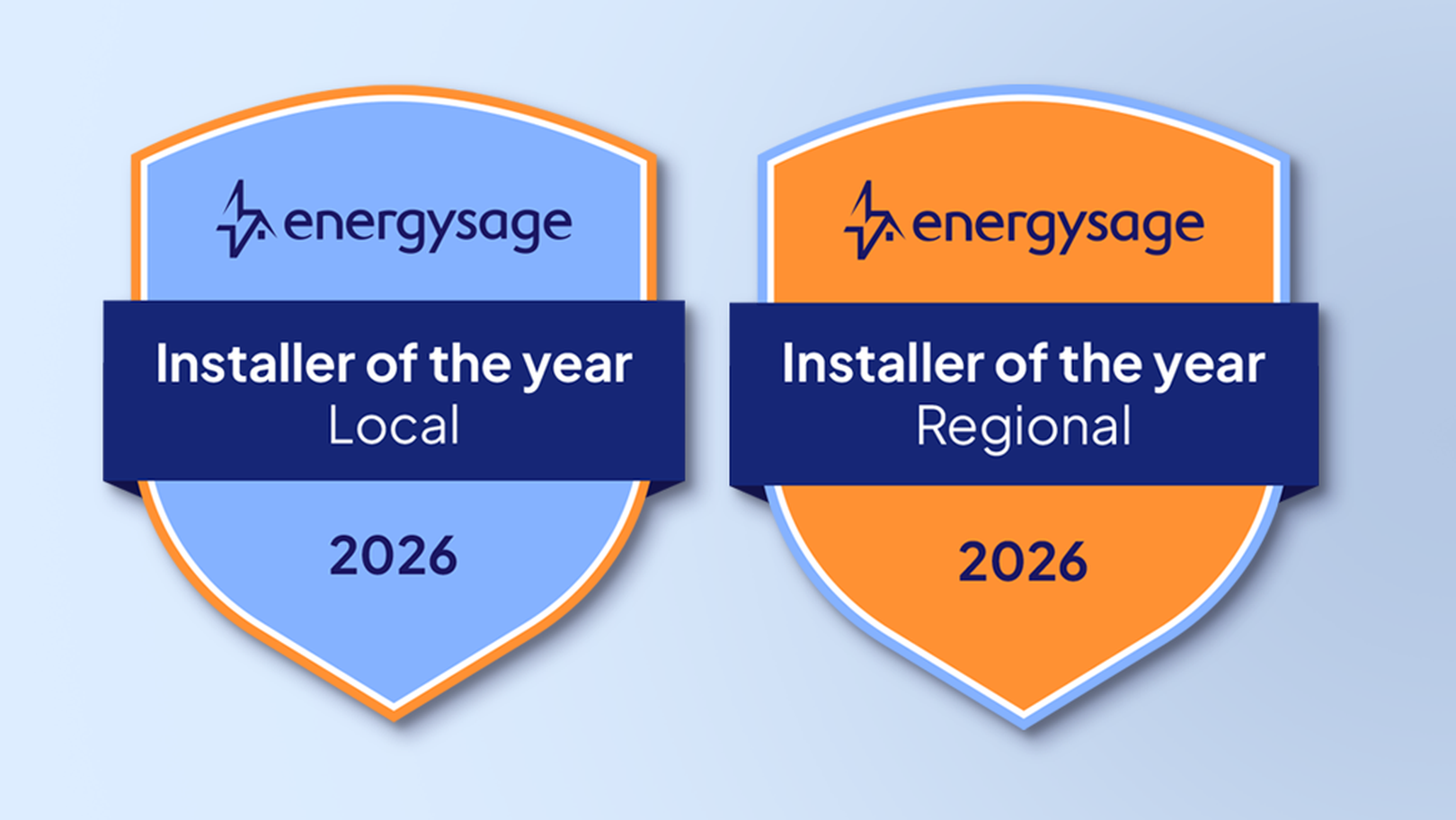 Two badges: "Installer of the Year Local 2026" in blue, "Installer of the Year Regional 2026" in orange, both with the energysage logo.