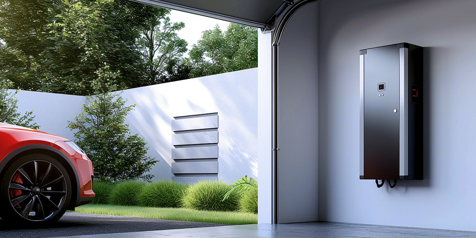 A sleek electric car in a garage, facing a modern wall-mounted battery with greenery visible outside.