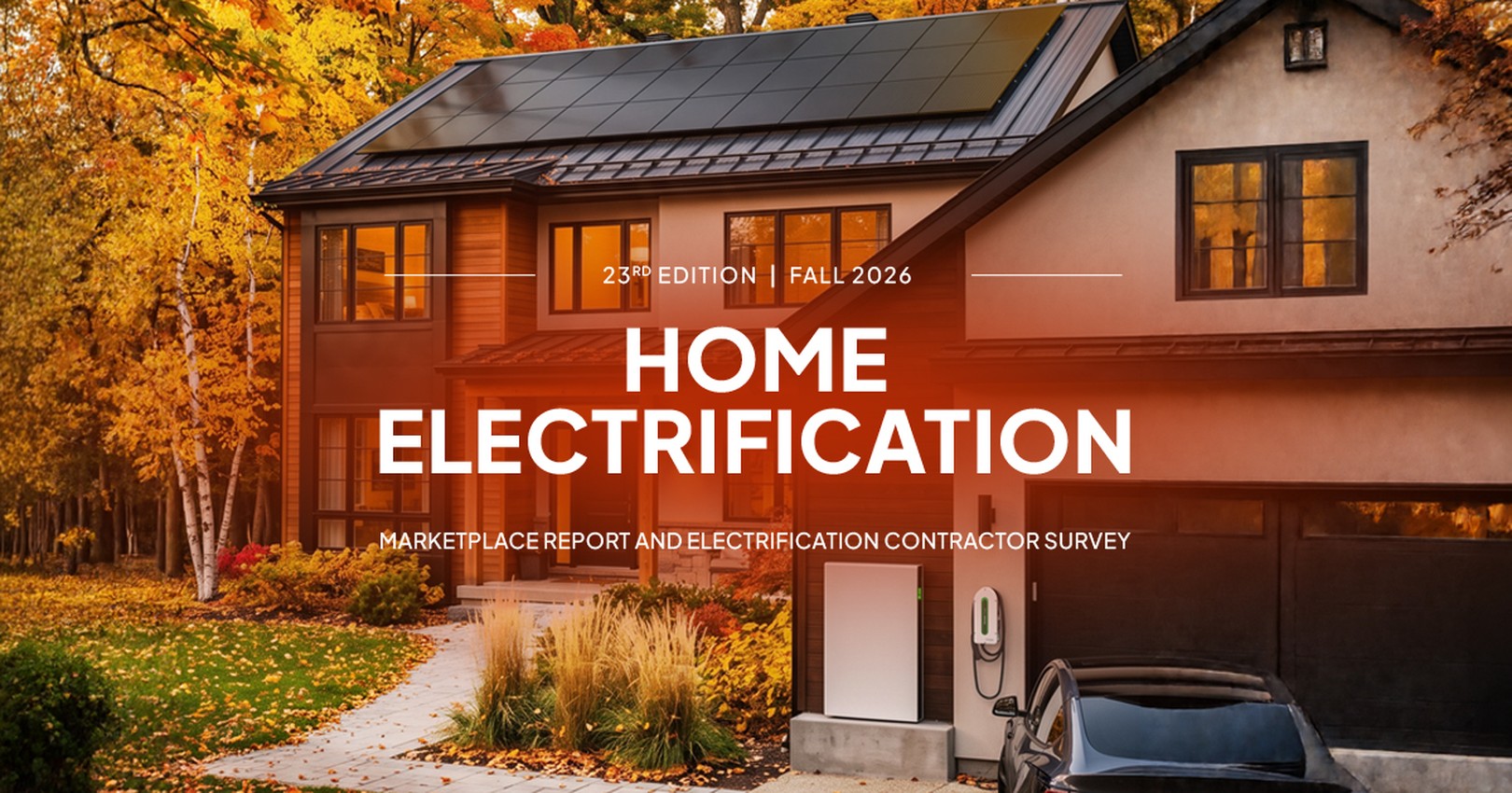 Modern home with solar panels and electric vehicle charger, surrounded by autumn foliage, showcasing home electrification.