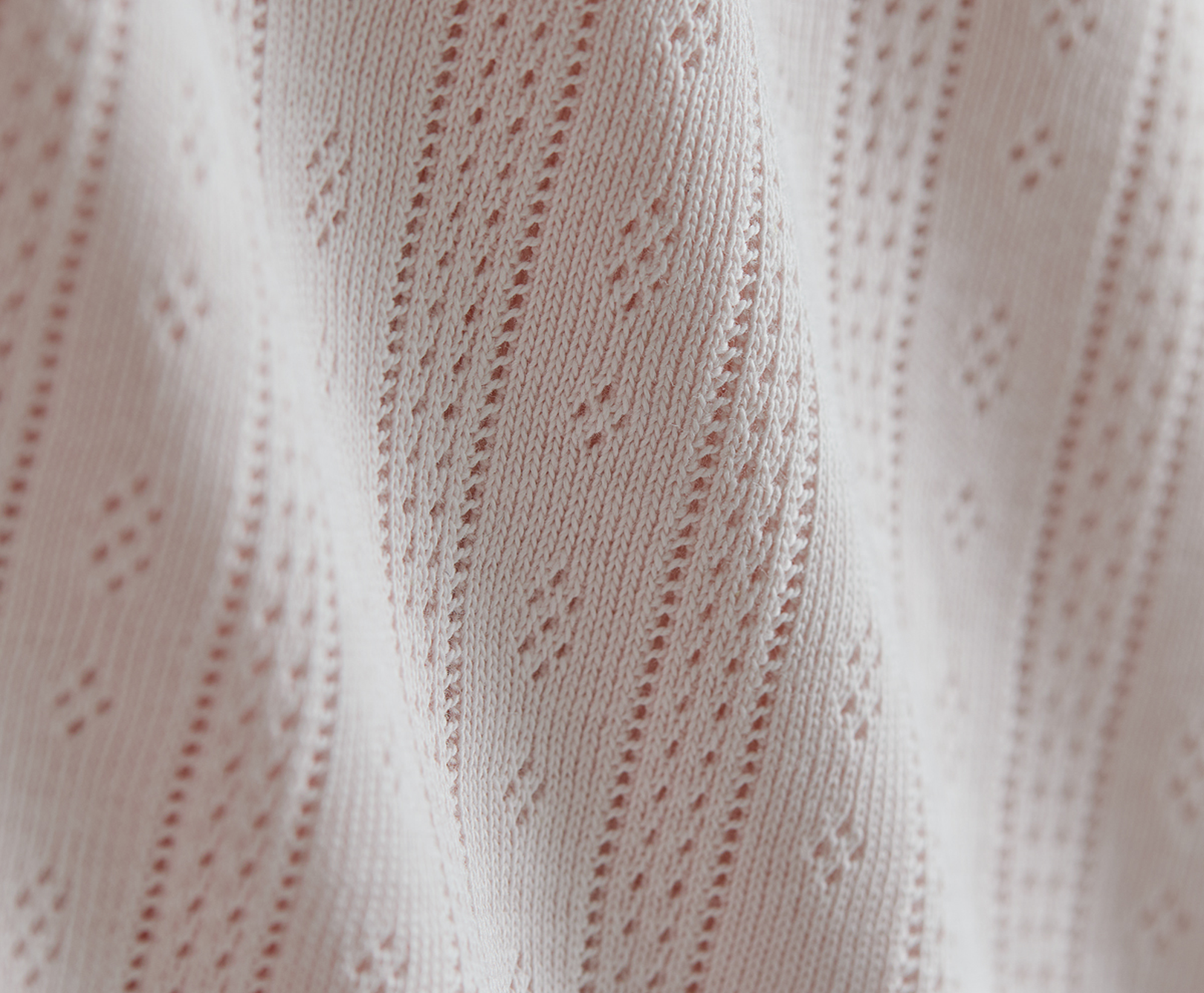 Close-up of a textured pink knit fabric with intricate lace patterns and repeating diamond motifs.