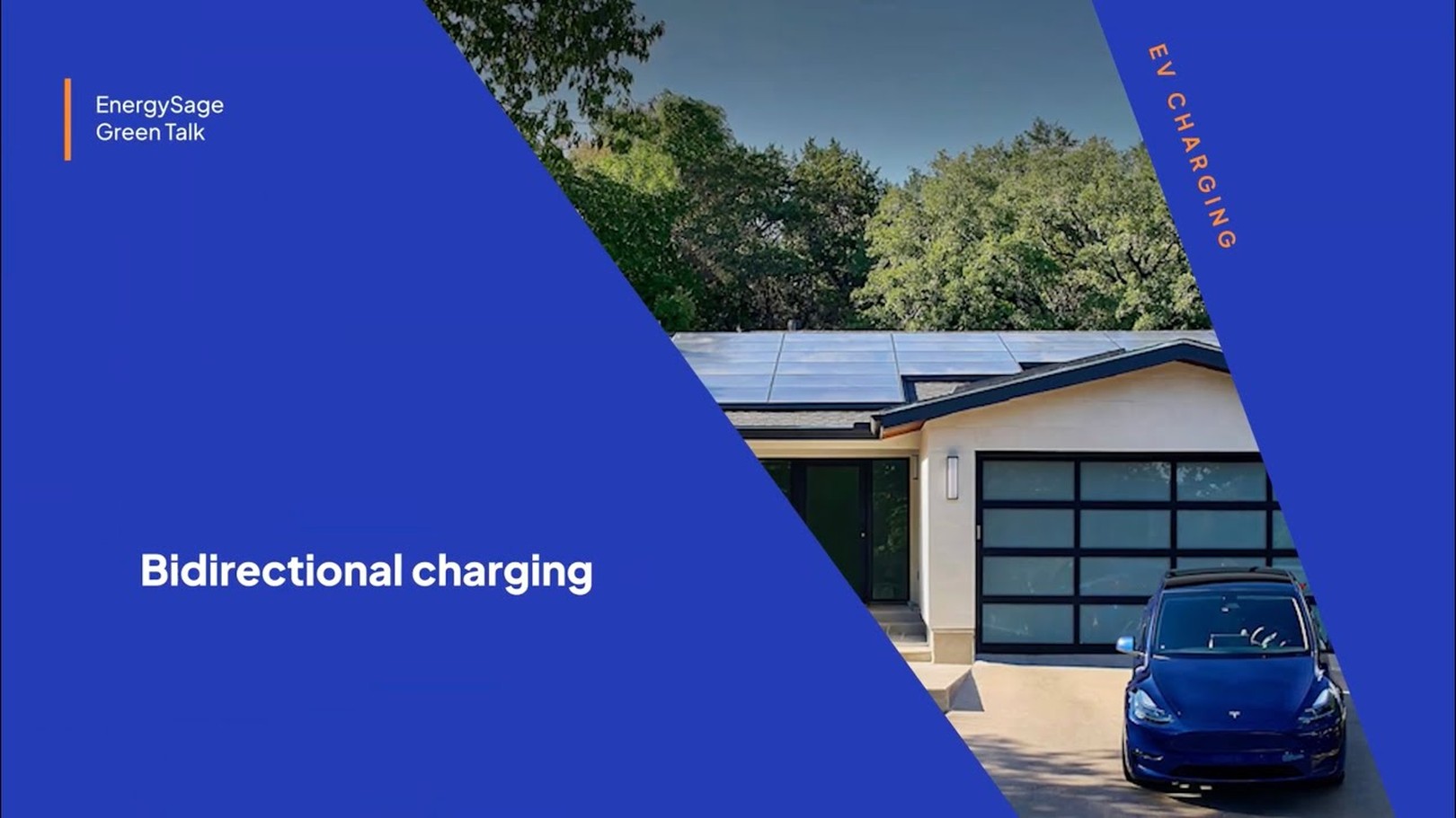 Modern house with solar panels, electric car in driveway. Blue overlay with text: "Bidirectional charging," "EnergySage Green Talk," "EV Charging."