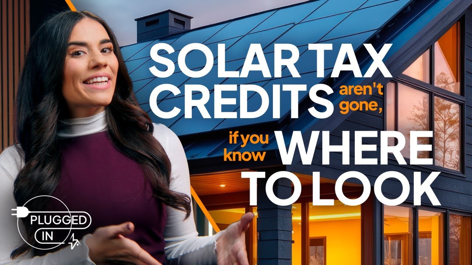 Woman smiling beside text about solar tax credits, with a modern house featuring solar panels in the background.
