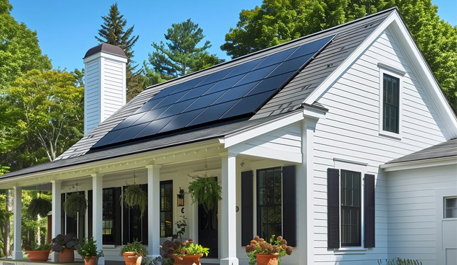 White house with solar panels on the roof, black shutters, potted plants on the porch, surrounded by green trees under a clear blue sky.