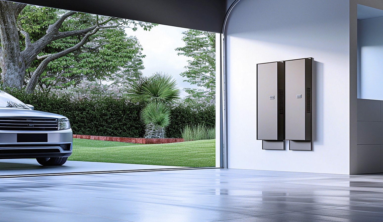 A sleek garage with a silver car outside, open garage door revealing green lawn and trees. Two utility cabinets mounted on the wall.