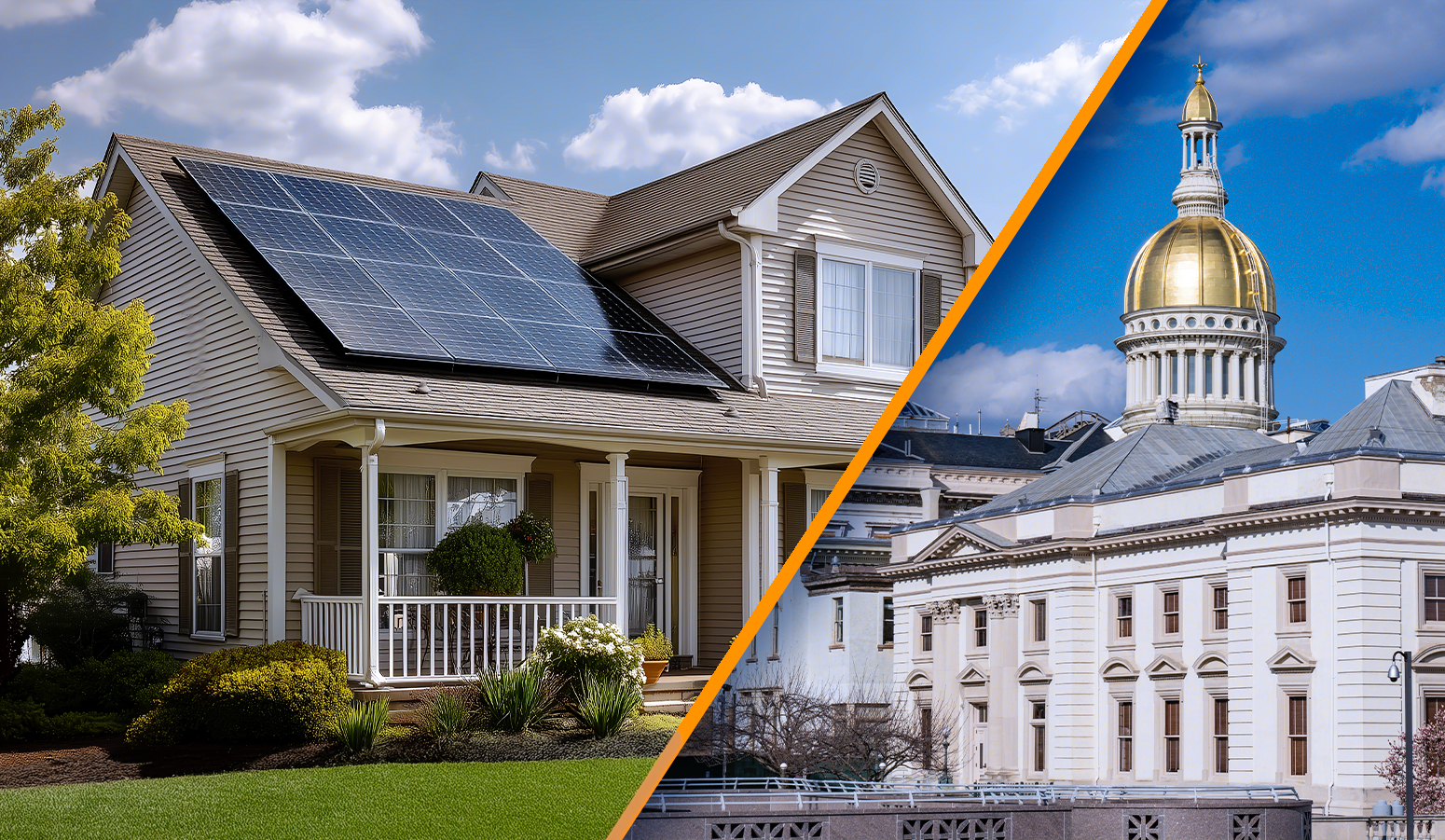 A split screen photo illustration of a home with rooftop solar panels and a state legislative building