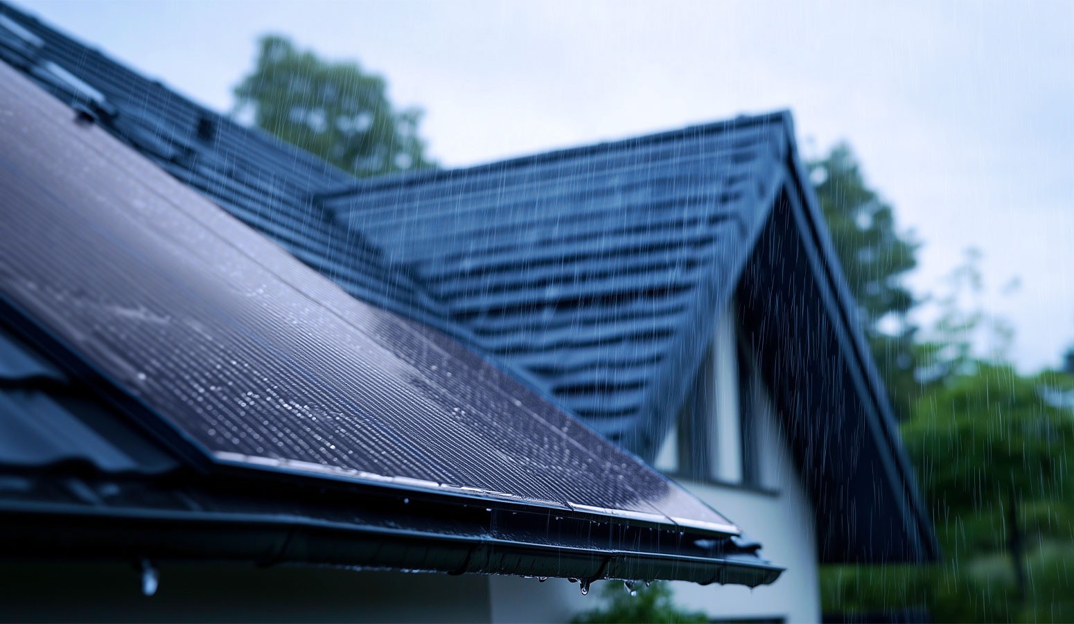 Close up of solar panels during inclement weather on the roof of a house.