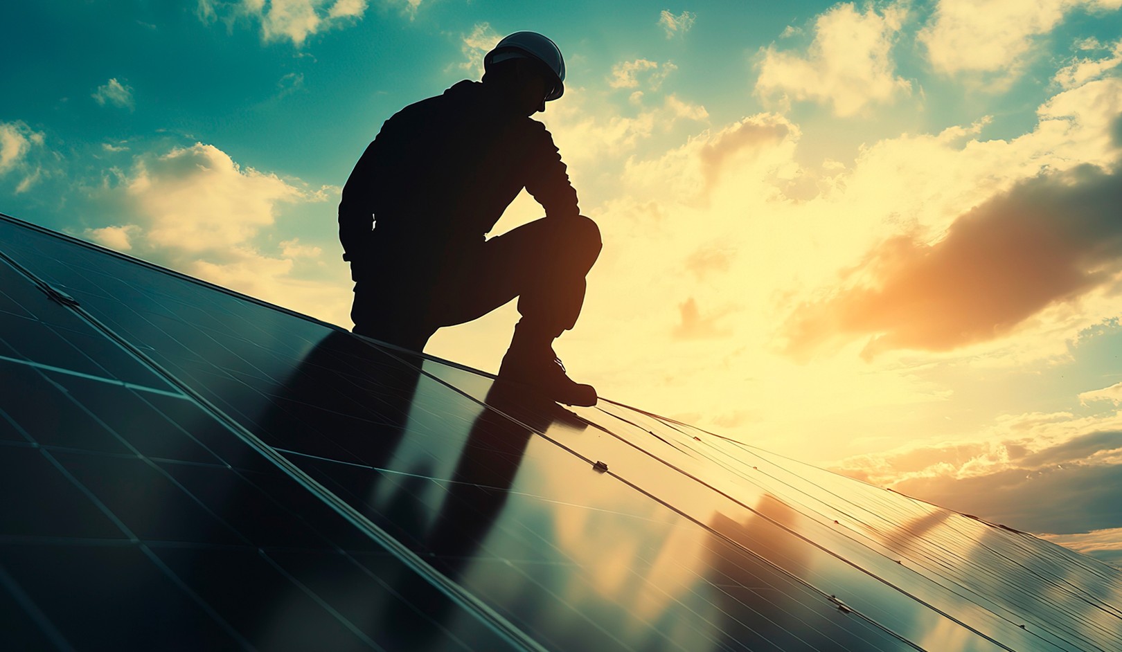 Silhouetted worker in a helmet crouches on solar panels against a vibrant sunset sky with scattered clouds.
