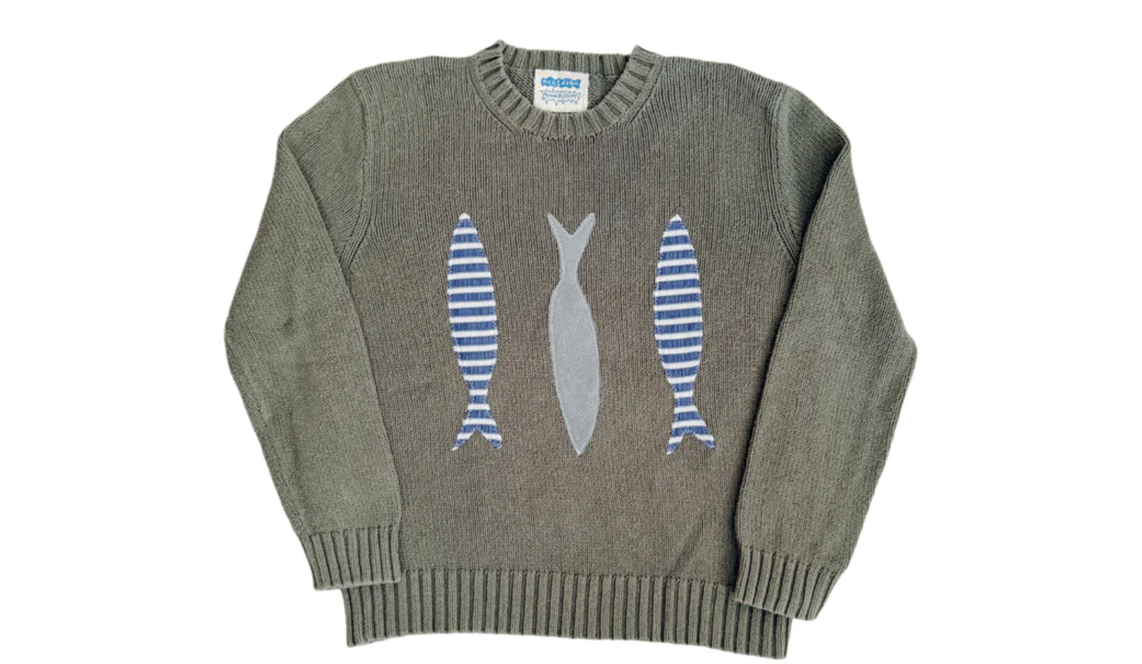 Gray knitted sweater with three fish patterns, one solid gray and two with blue stripes, centered on the front.