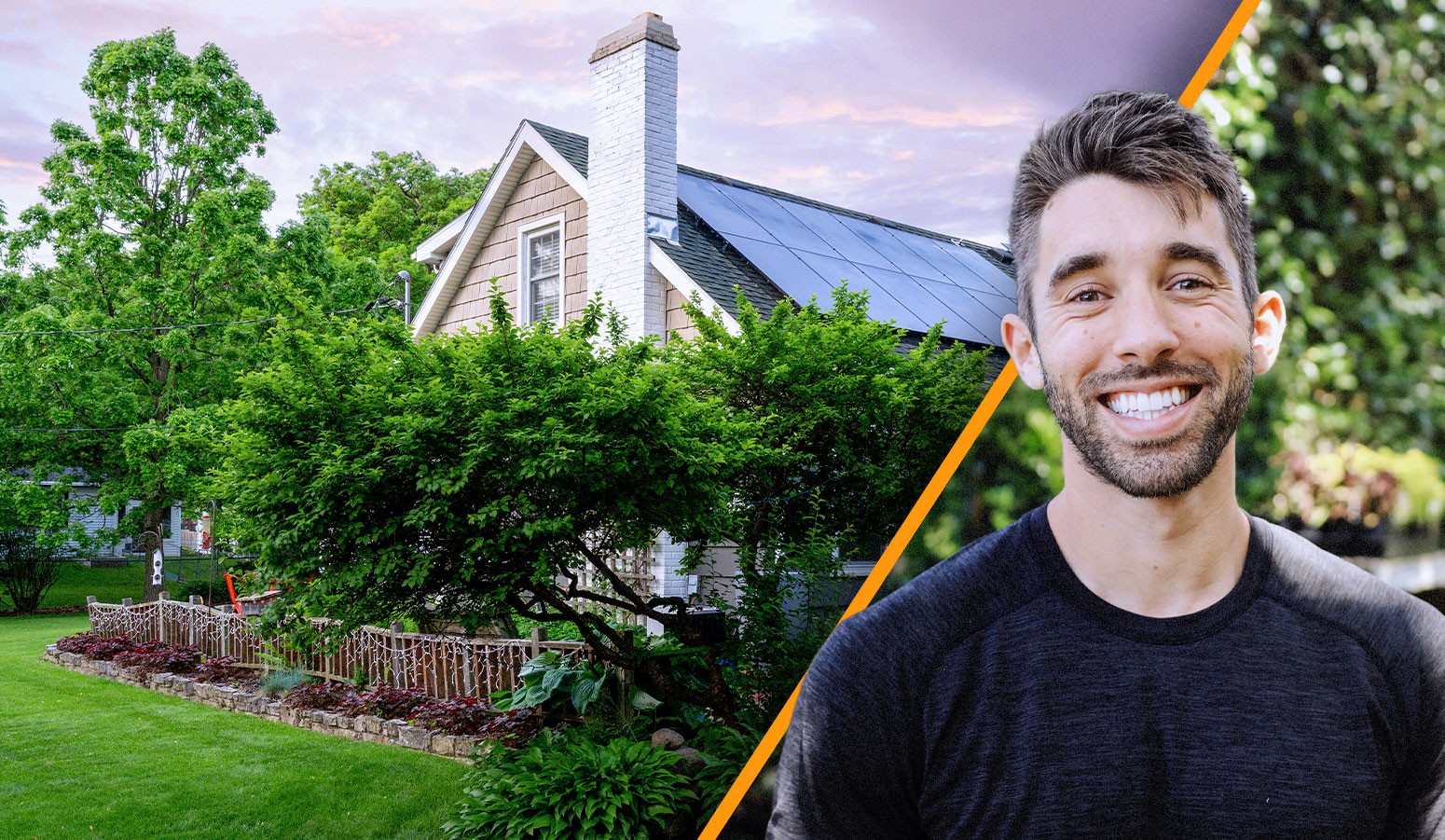 A photo illustration of a house with solar panels and Farmer Nick's headshot.