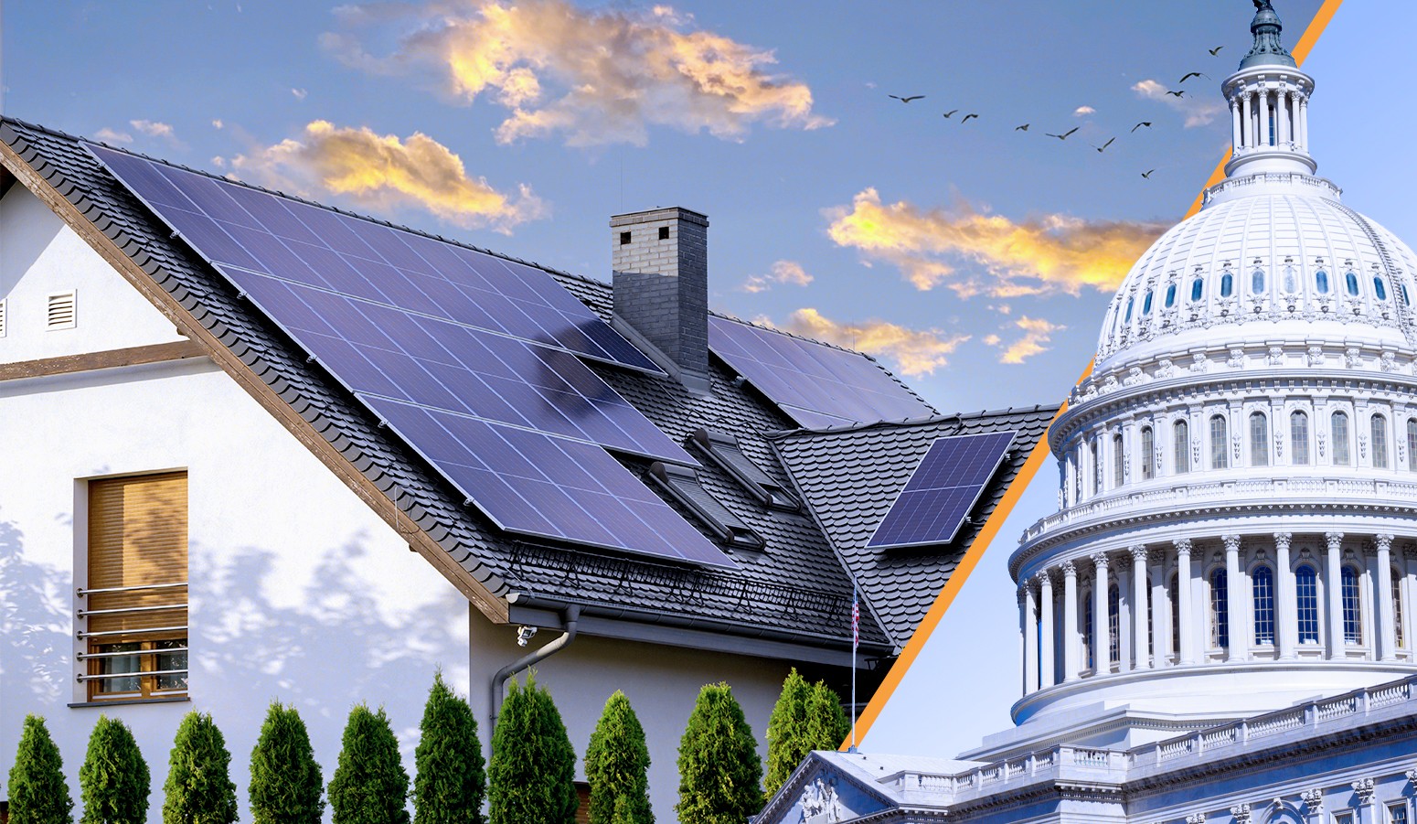 Graphic of a suburban roof with solar panels and the dome of Capitol Hill