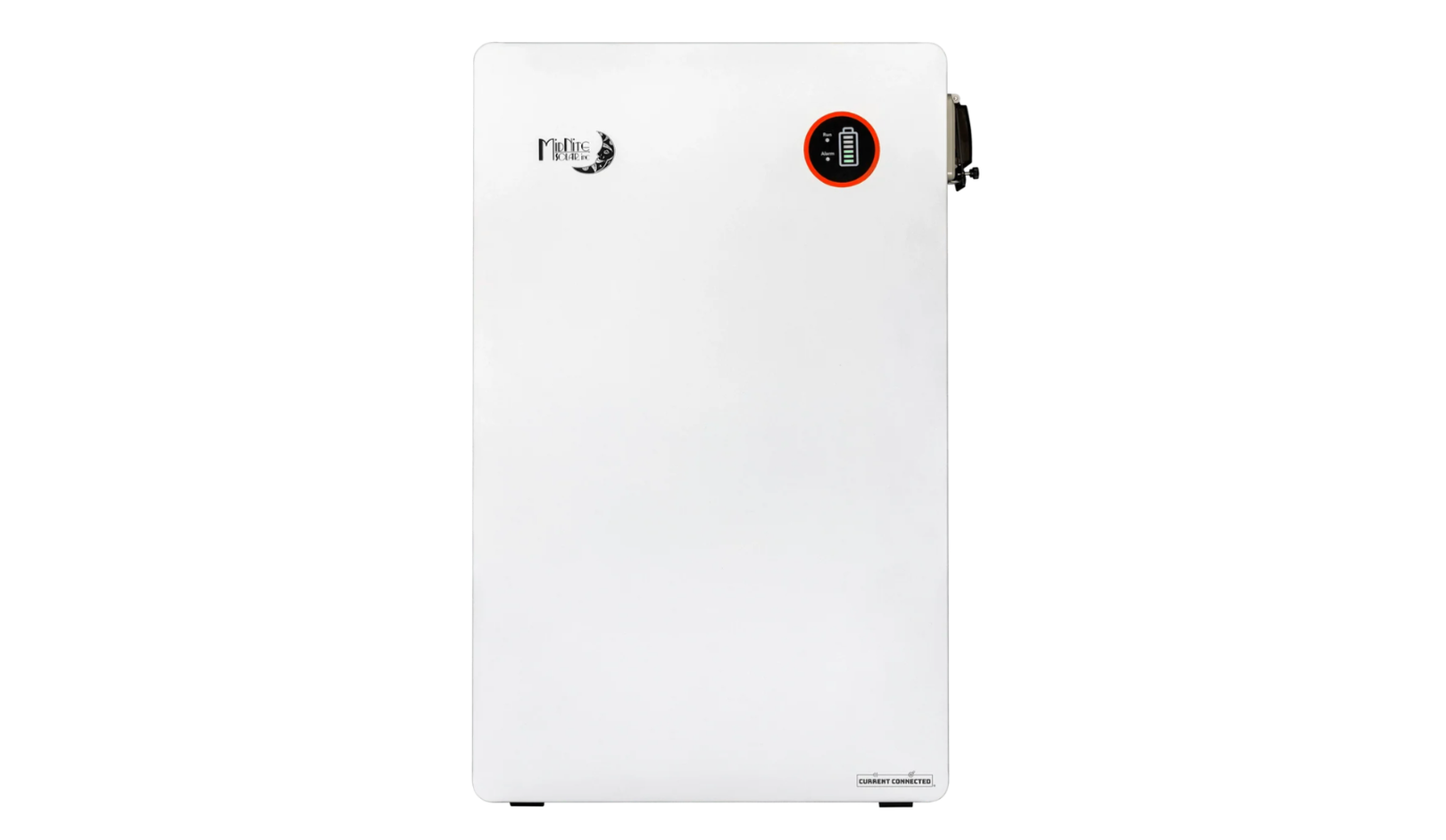 White rectangular electronic device with a digital display and small logos on its front, designed for home or office use.