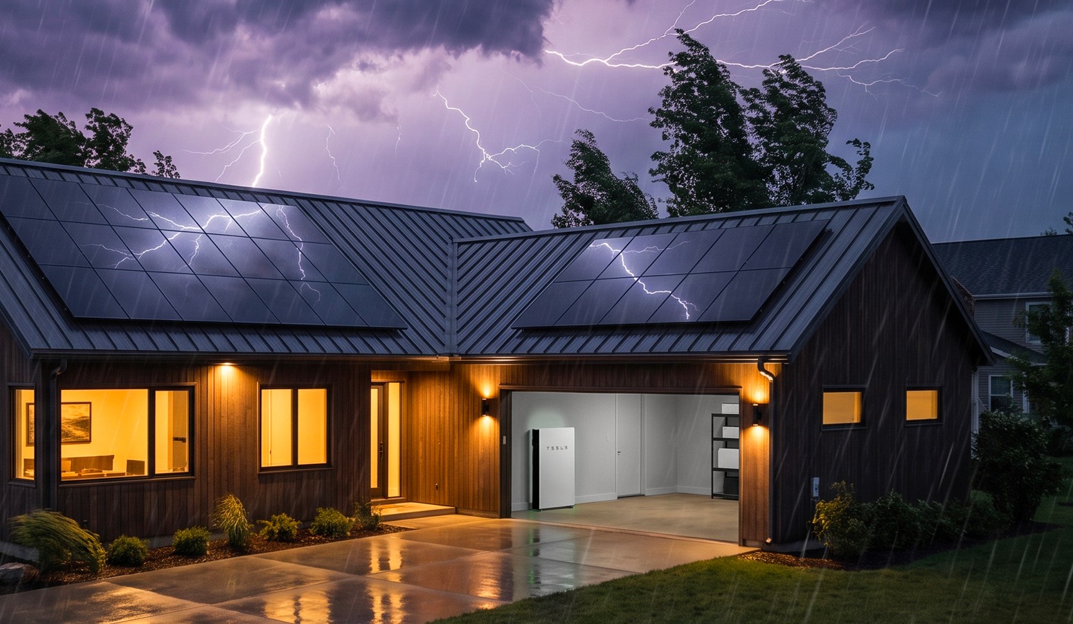 A modern house with solar panels on the roof during a thunderstorm, illuminated by lightning. The garage door is open, showing a battery unit.