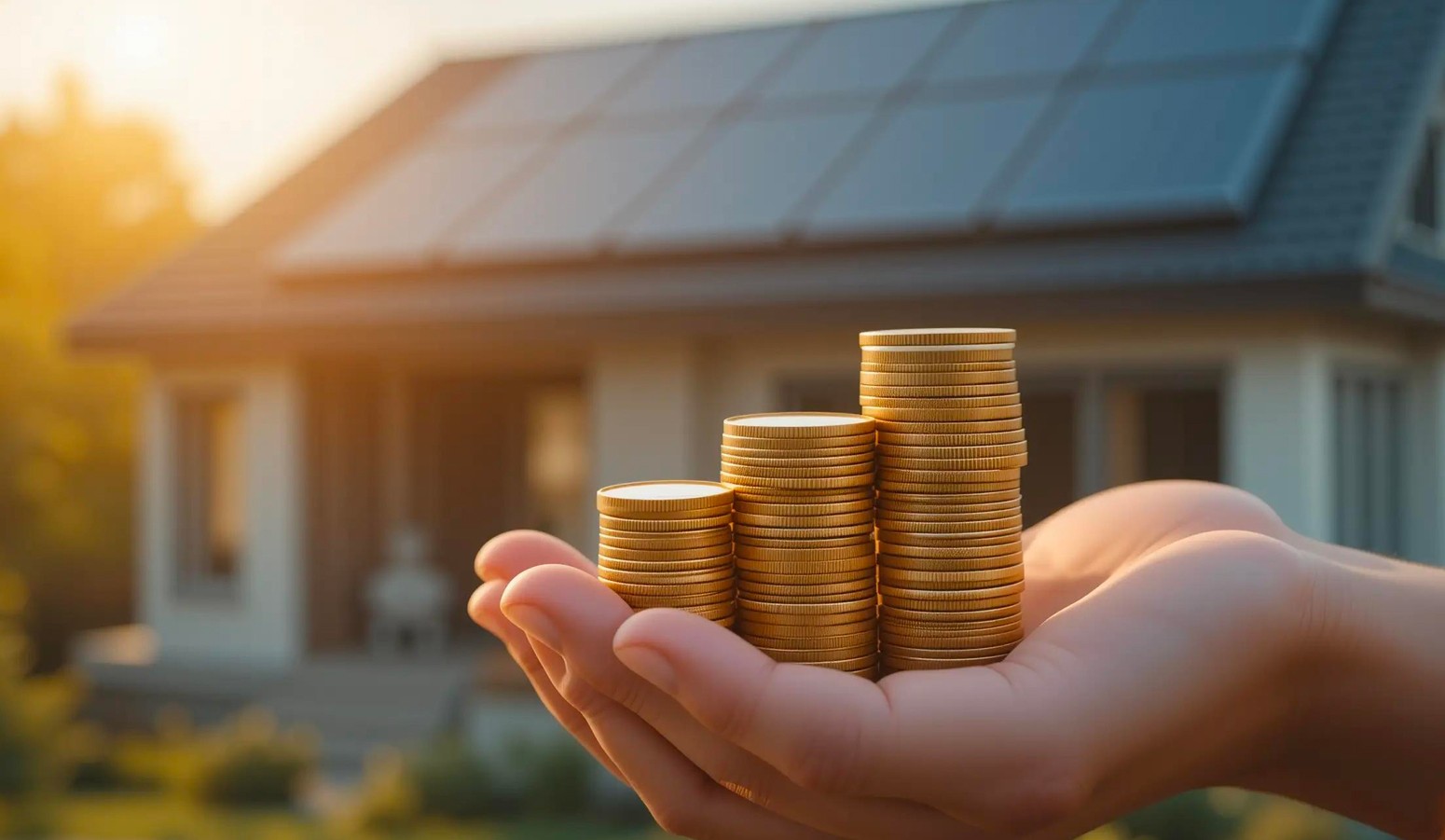 A hand holding gold coins in front of a house with solar panels on it.