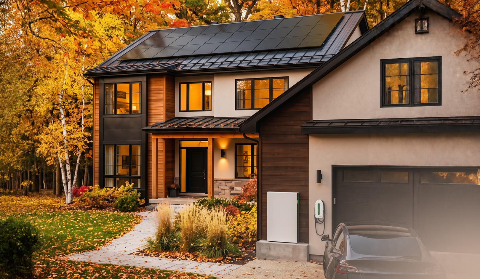 Modern house with solar panels, surrounded by autumn trees. A car is parked by the garage, and there's an electric vehicle charger on the wall.
