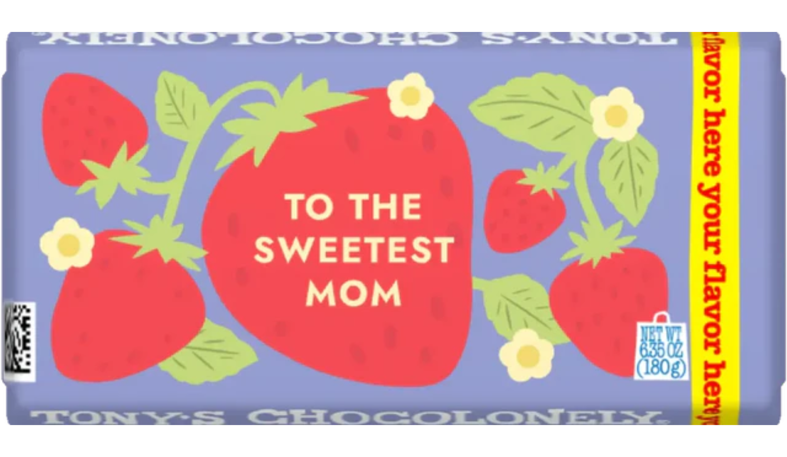 Chocolate bar wrapper with strawberries, flowers, and text: “To the Sweetest Mom.” Blue background and labeled "Tony’s Chocolonely."