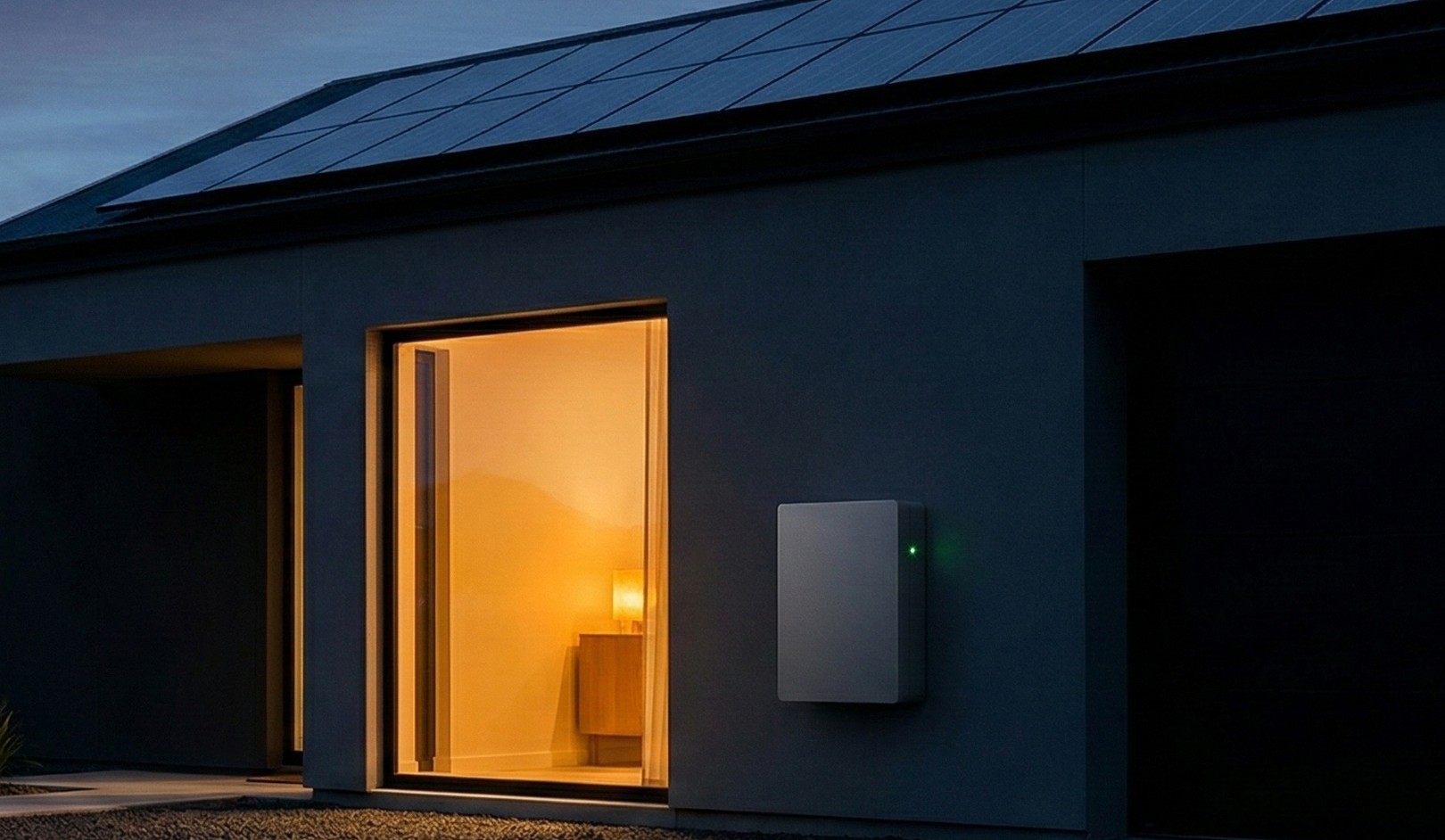 Modern house exterior at dusk with solar panels on the roof, illuminated interior visible through a large window, and a wall-mounted power unit.