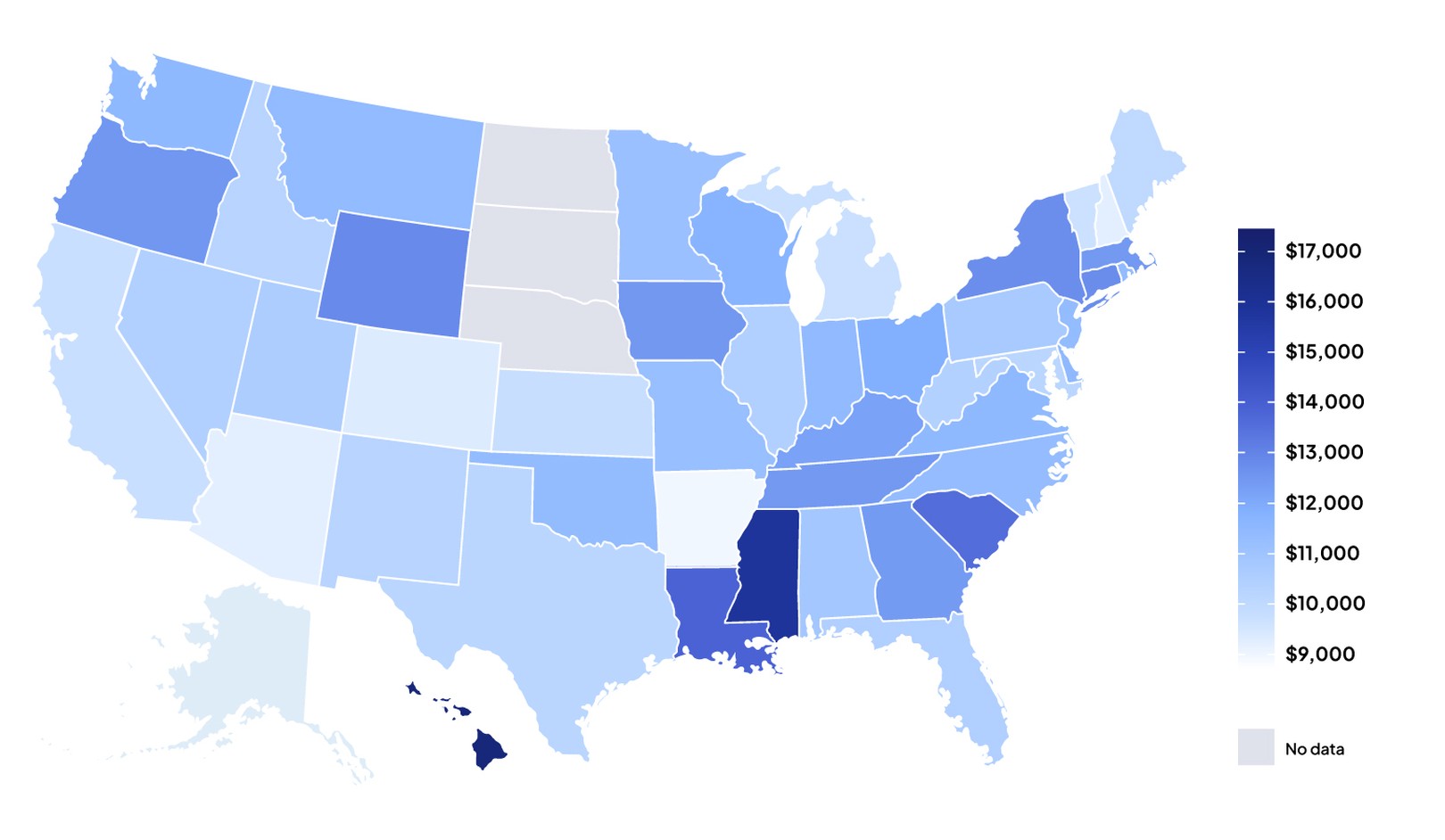 Map of the average solar battery cost by state