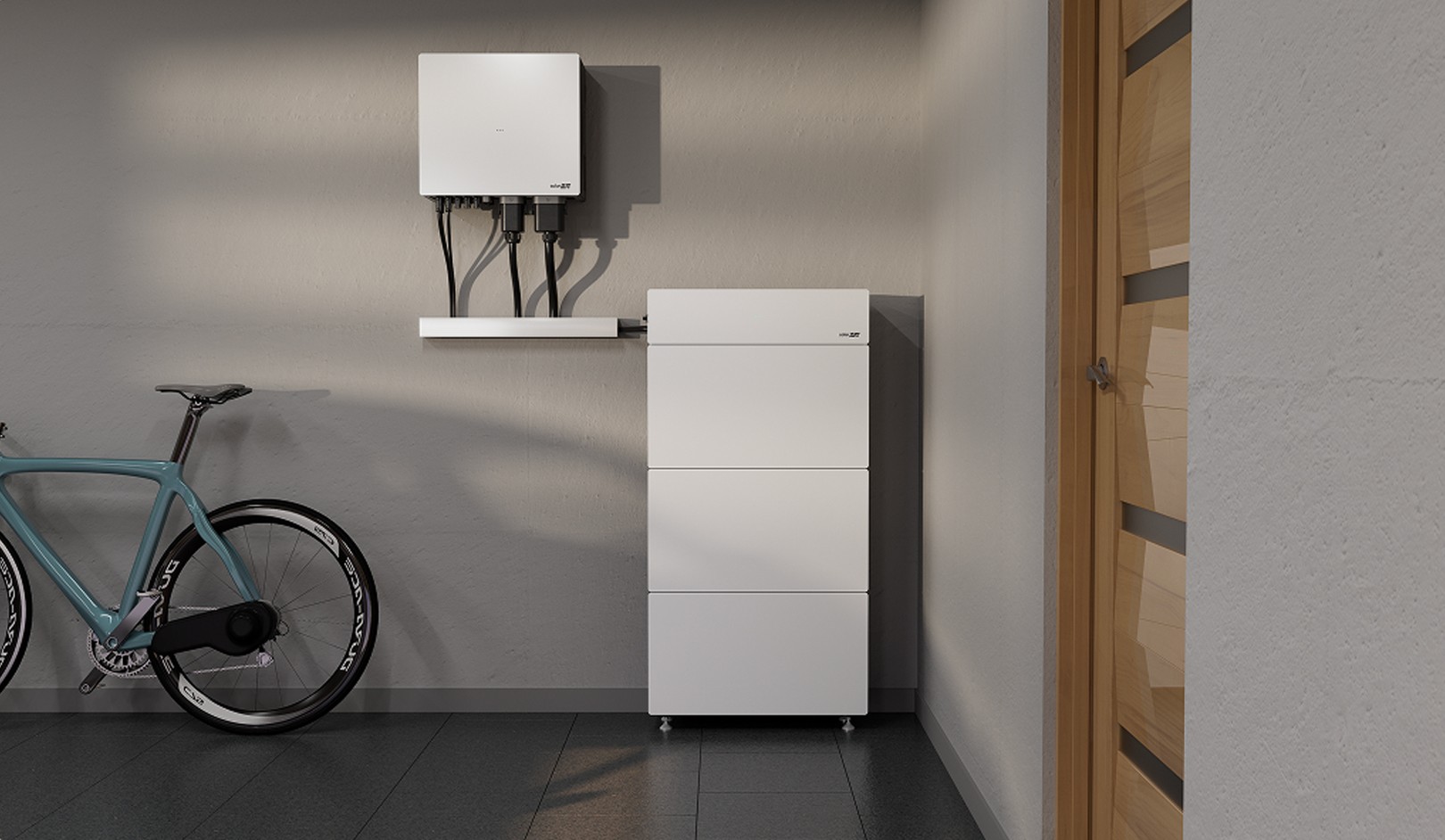 Minimalist garage with a teal bicycle, a wall-mounted device, and a sleek white battery storage unit beside a wooden door.
