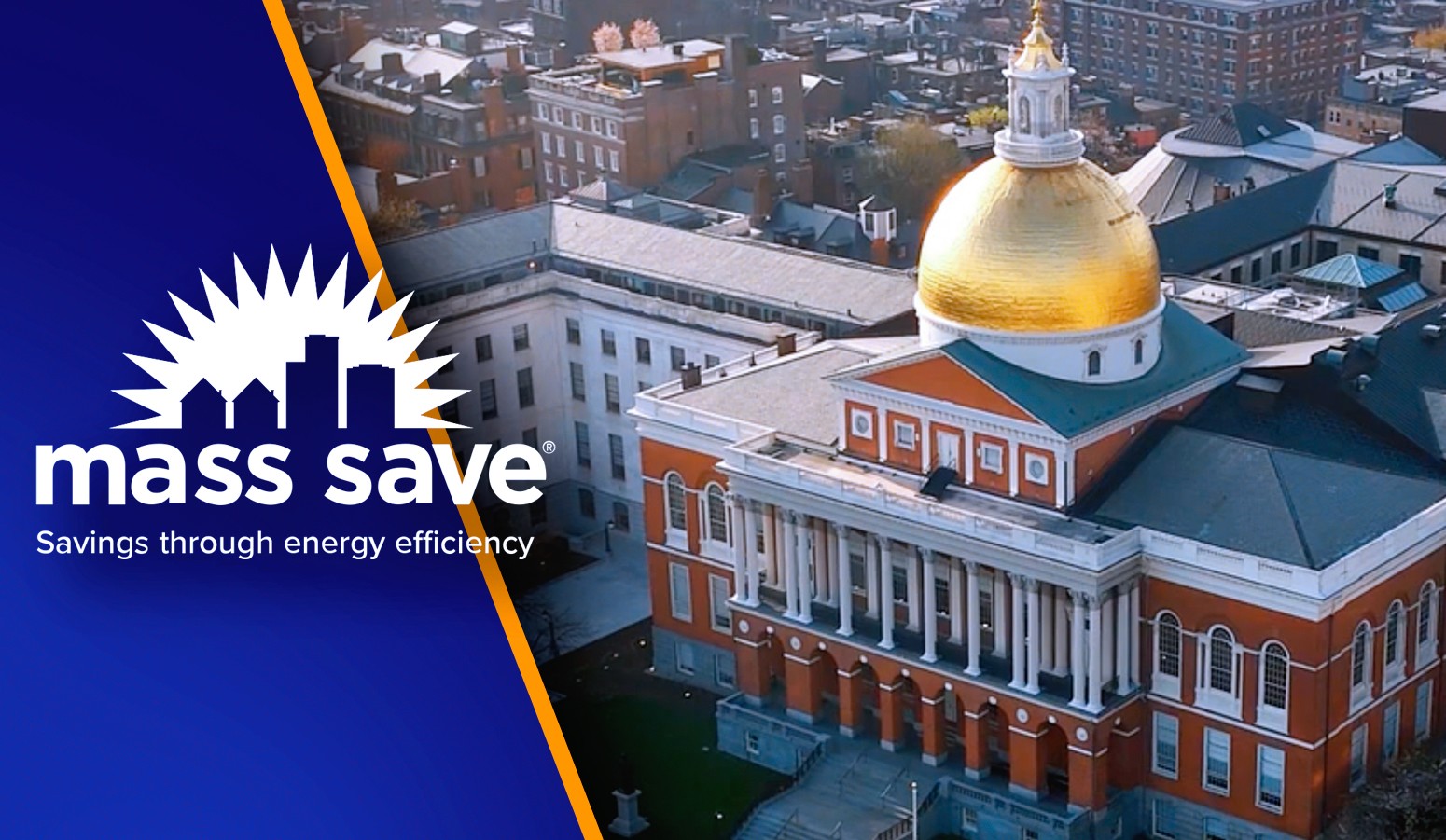 Aerial view of a building with a large golden dome beside a "Mass Save" logo and tagline about energy efficiency savings.