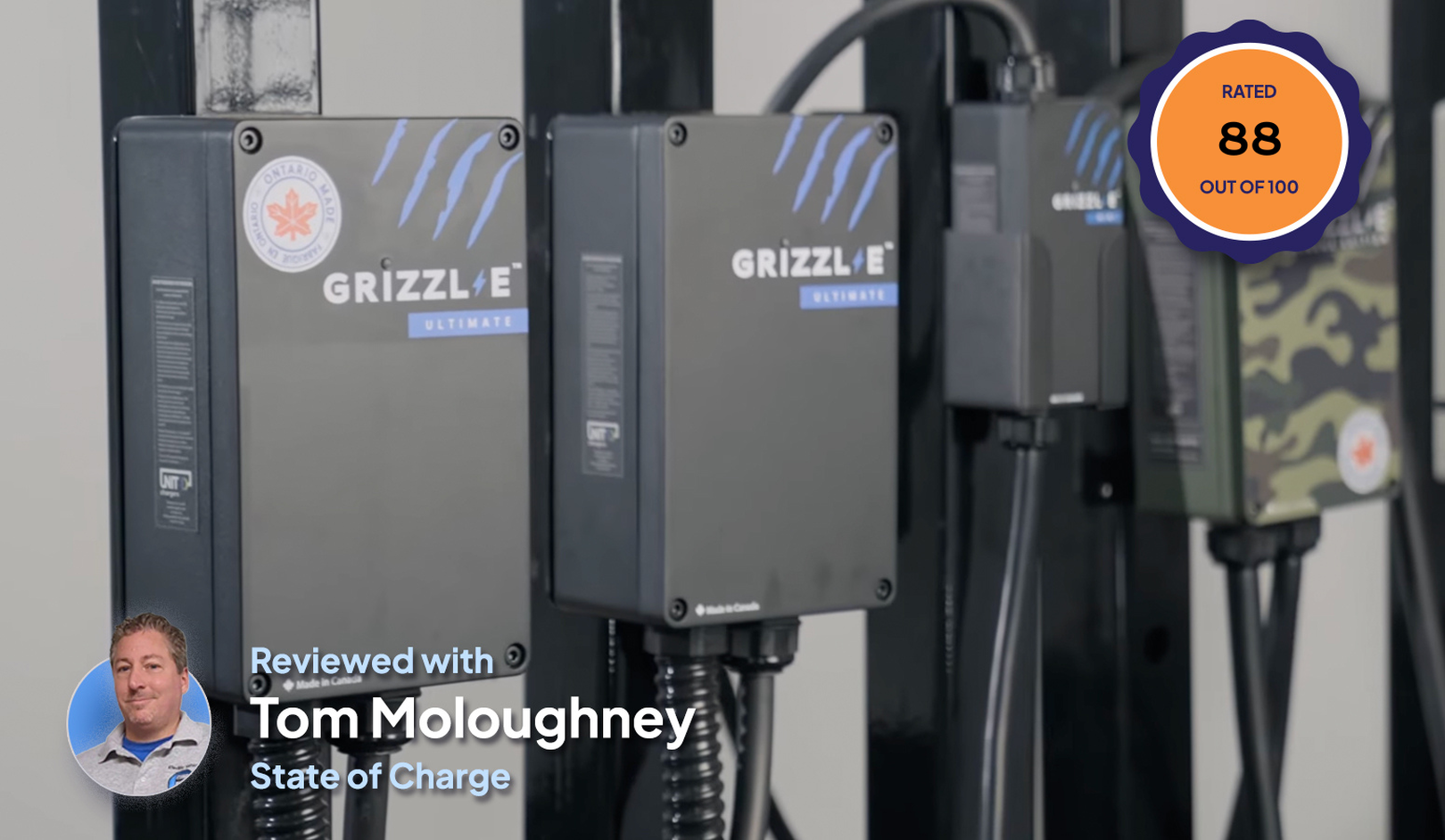 Close-up of Grizzl-E electric vehicle chargers mounted on a black stand with a rating of 88. Profile photo of reviewer in the corner.