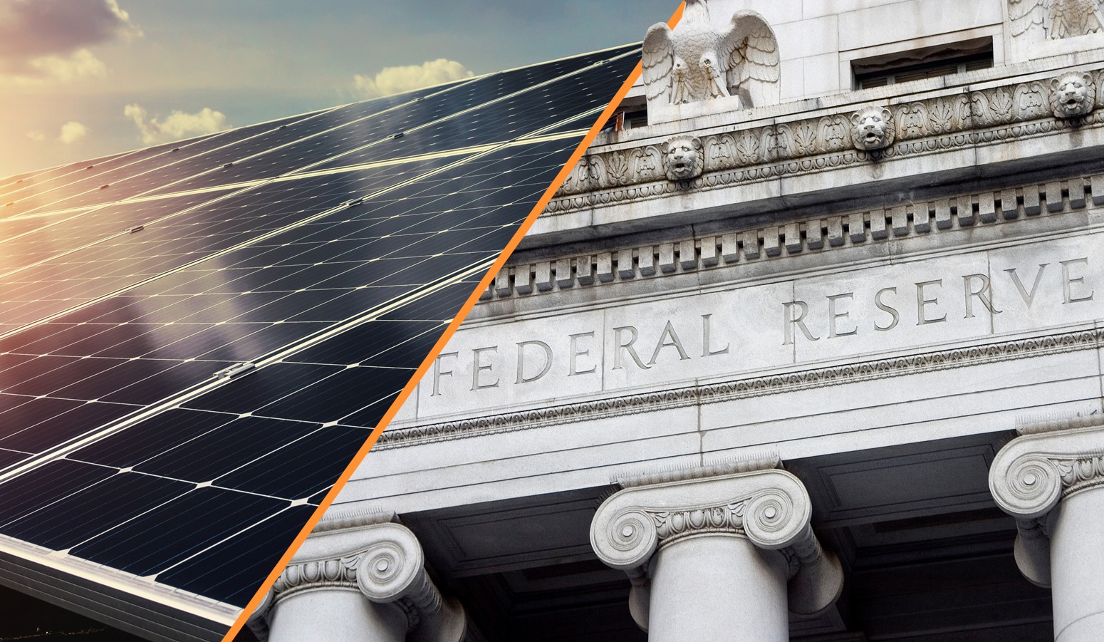 A photo graphic of the front of the Federal Reserve building in New York and solar panels
