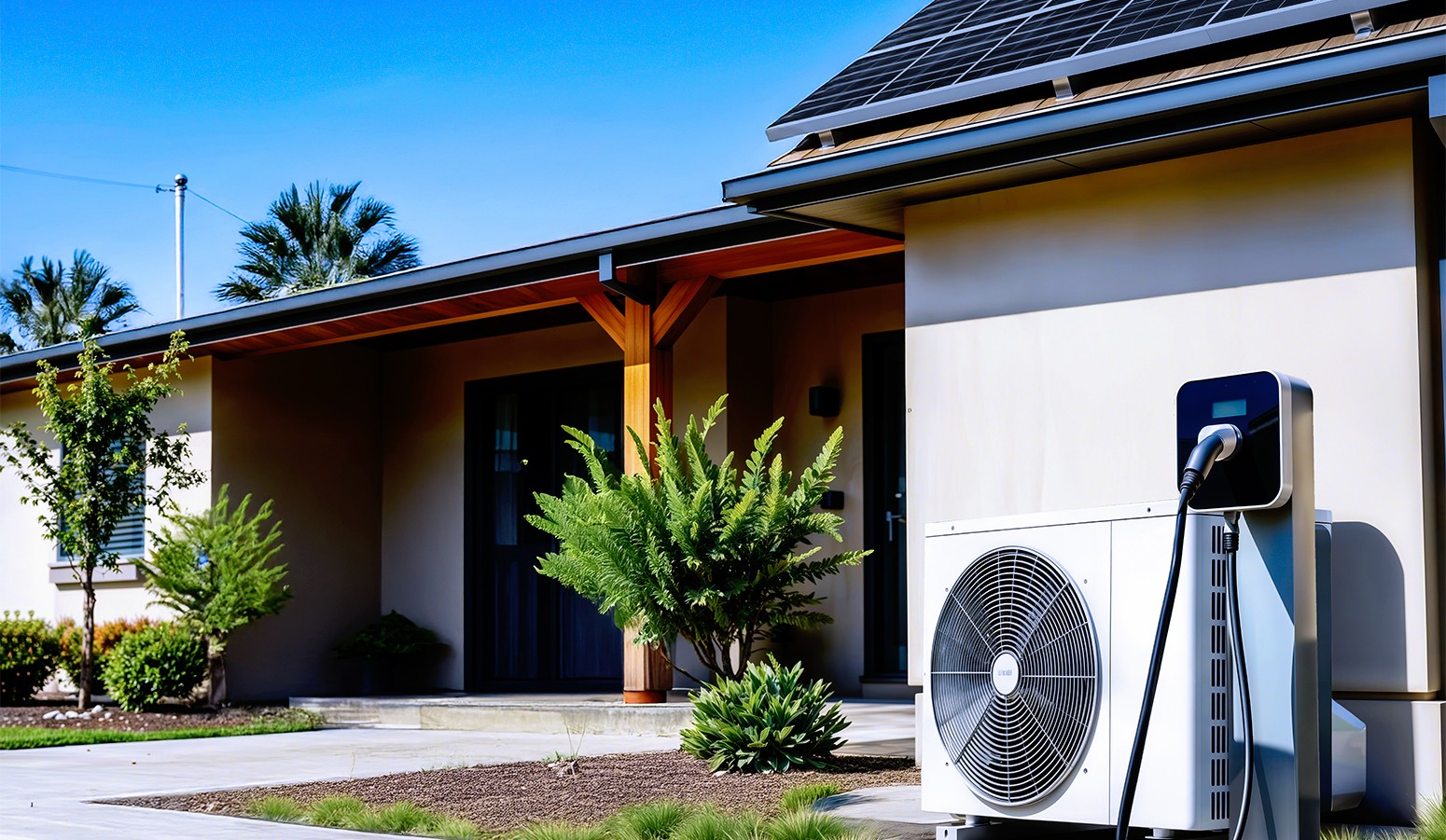 A ranch house with solar panels and an EV charger installed on an exterior wall