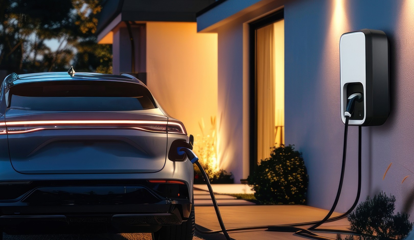 Electric car charging at a home station outside a modern house, with warm indoor lights glowing.