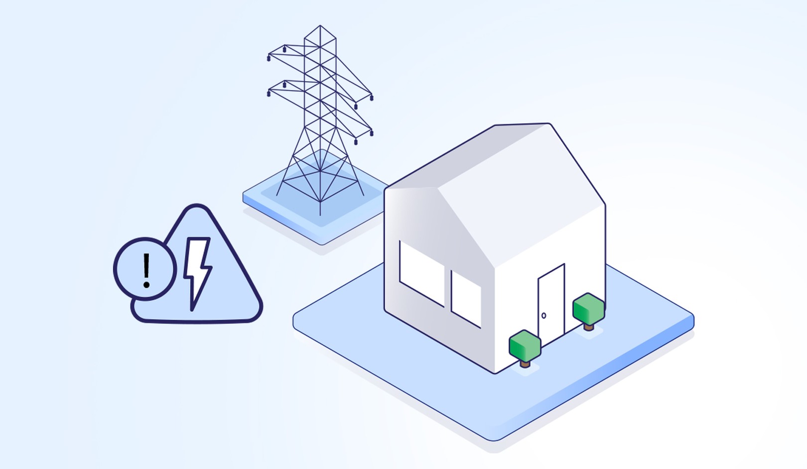 Illustration of a house and an electricity tower with a warning symbol, suggesting a power issue or outage.