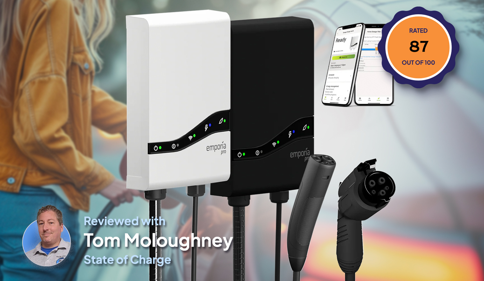 Electric vehicle chargers by Emporia Pro in white and black, with an app interface shown on phones and a rating of 87.