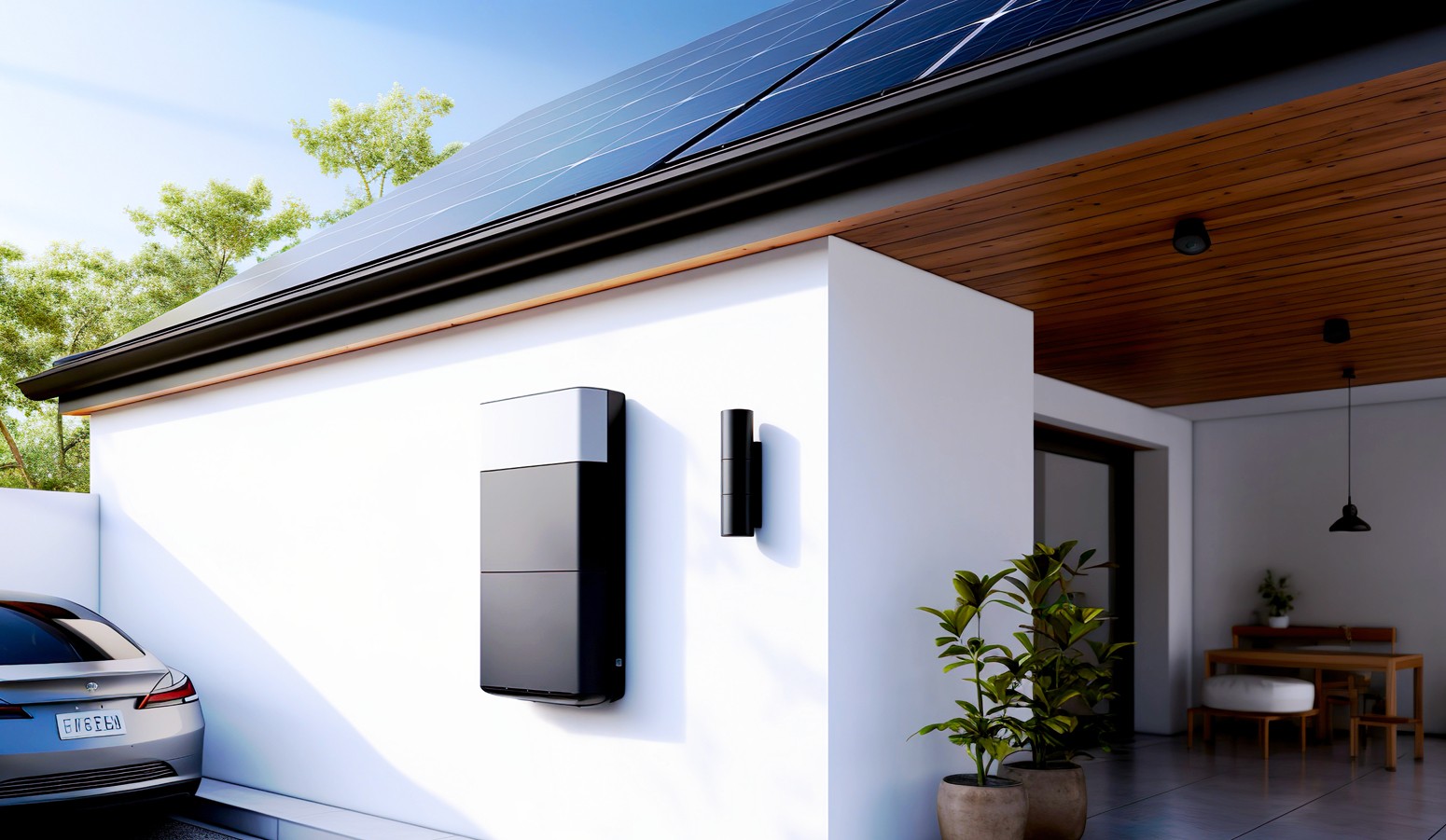 Modern home with solar panels on the roof, battery storage on the wall, a parked car, potted plants, and a view of an interior dining area.