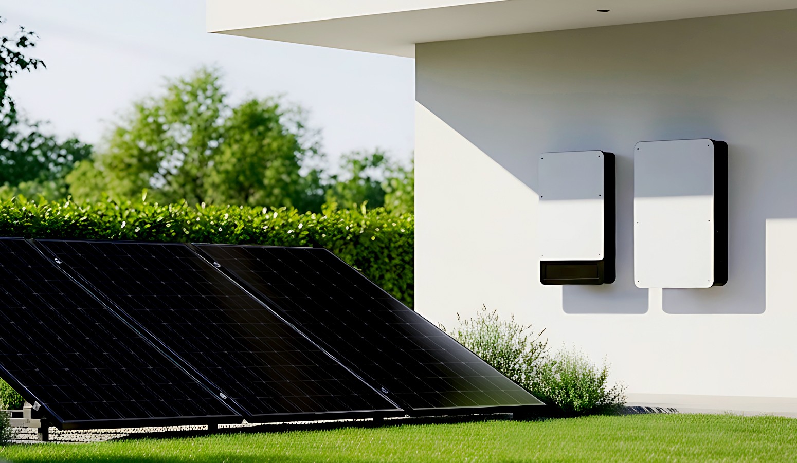 Solar panels on a lawn with two battery storage units mounted on a nearby wall, set against a backdrop of green foliage.
