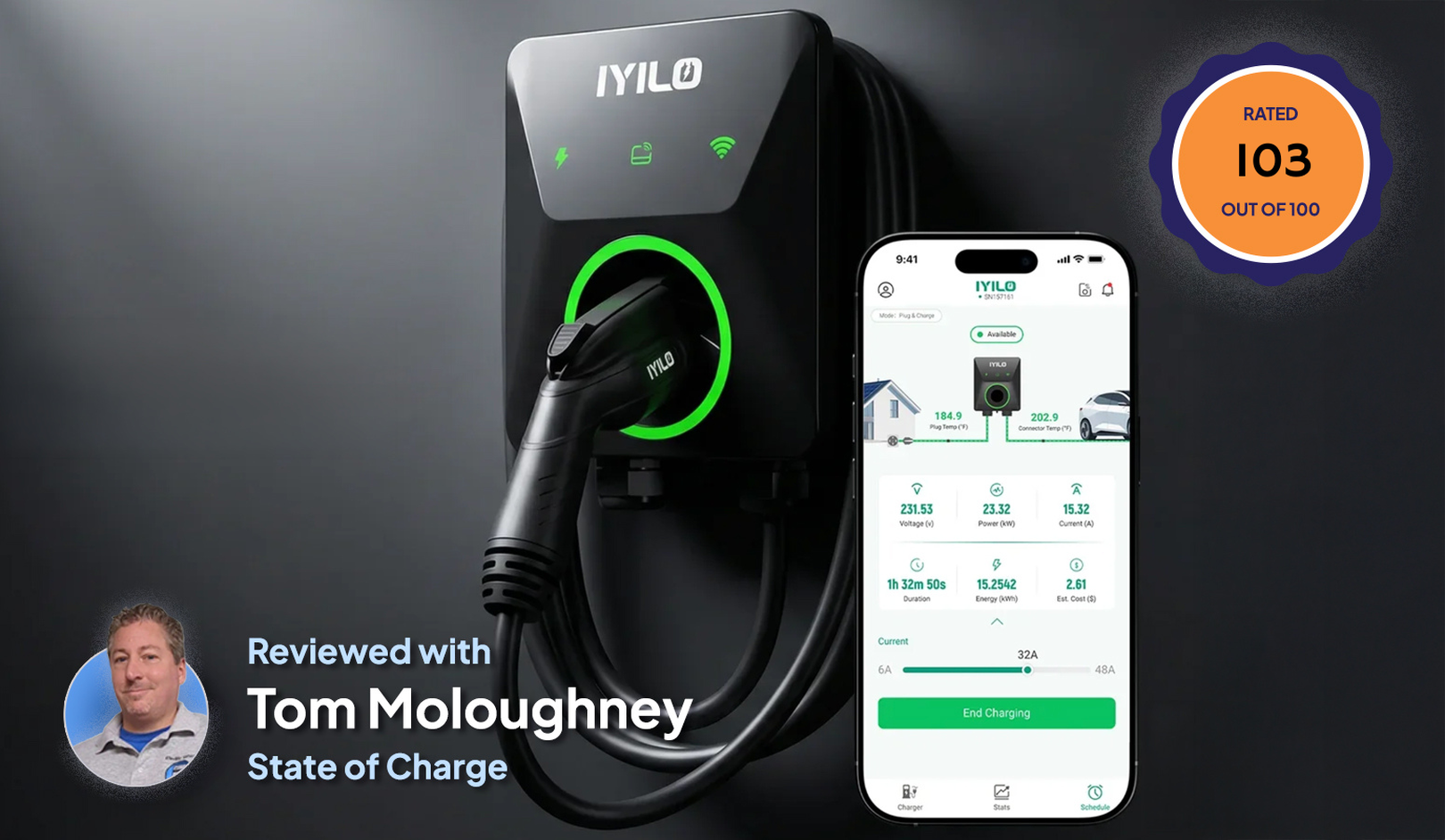 Electric vehicle charger with app interface, rated 103/100. Reviewed by Tom Moloughney, State of Charge.