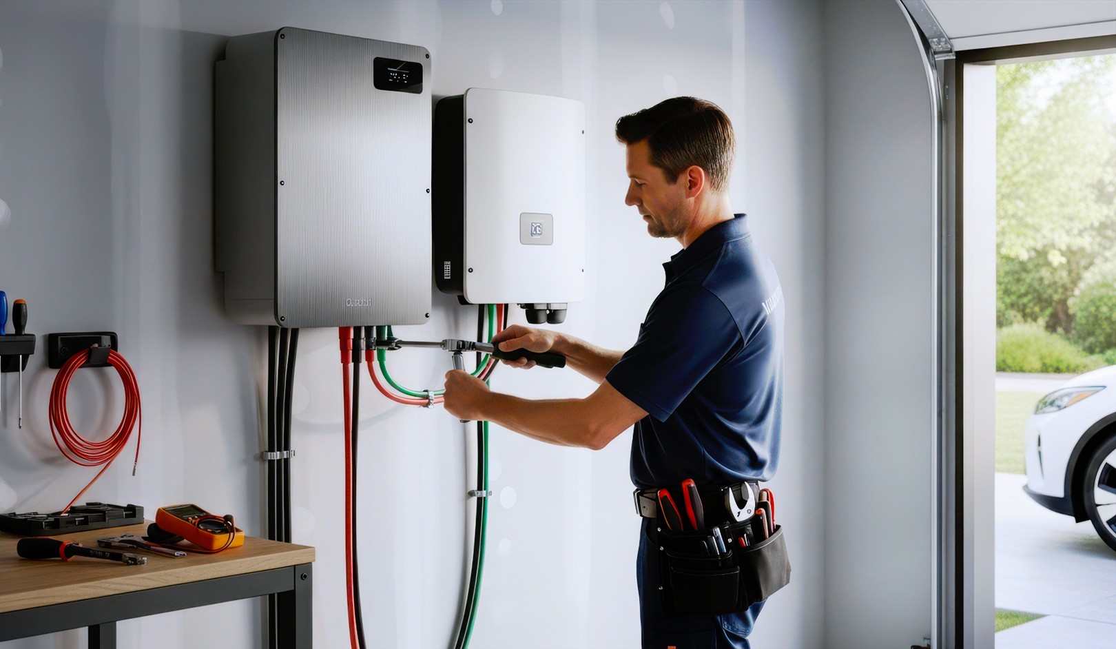 Installateur controleert de bekabeling van een thuisbatterij en energie-installatie