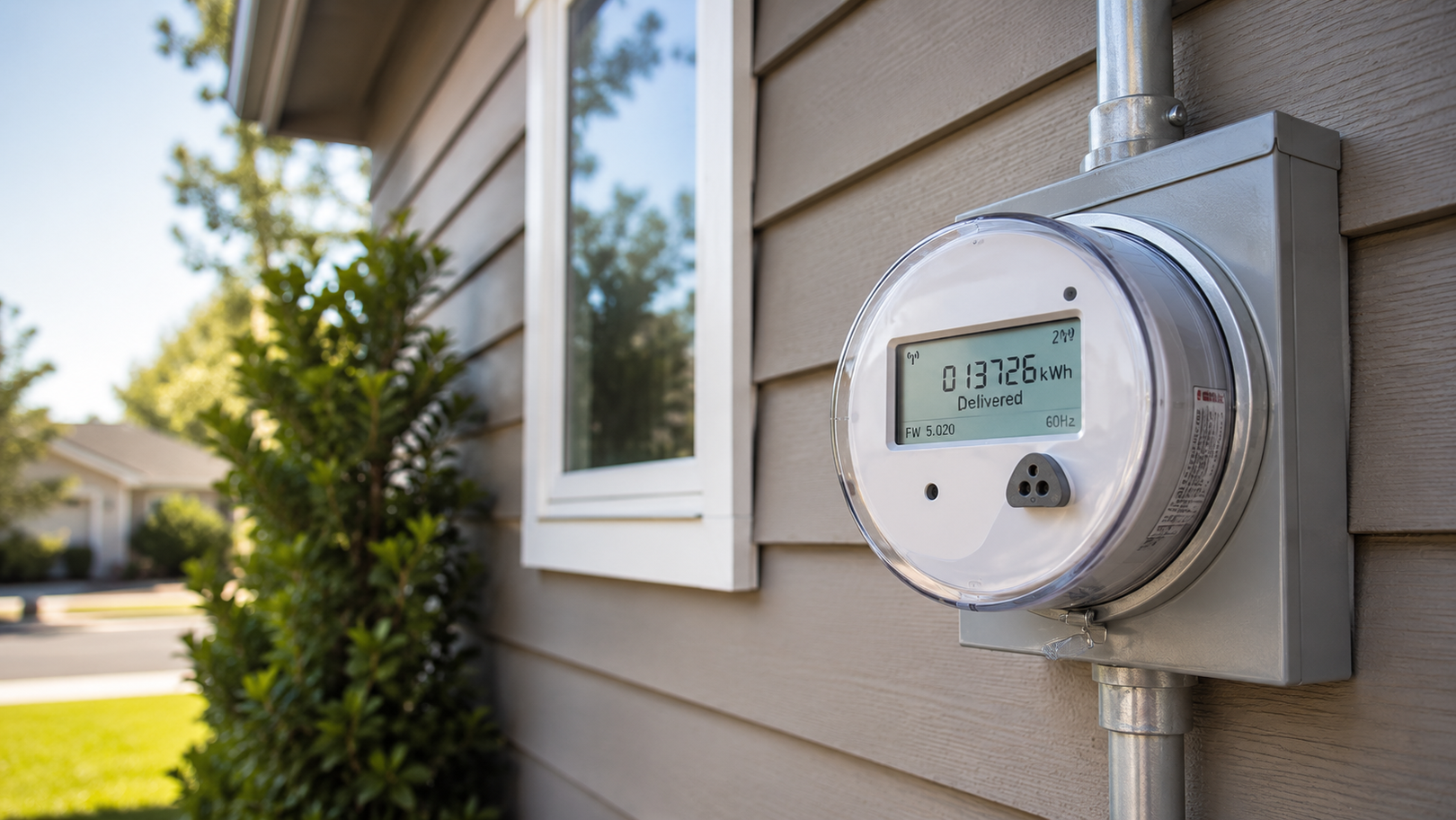 A digital electricity meter mounted on the side of a house, displaying energy usage in kilowatt-hours.