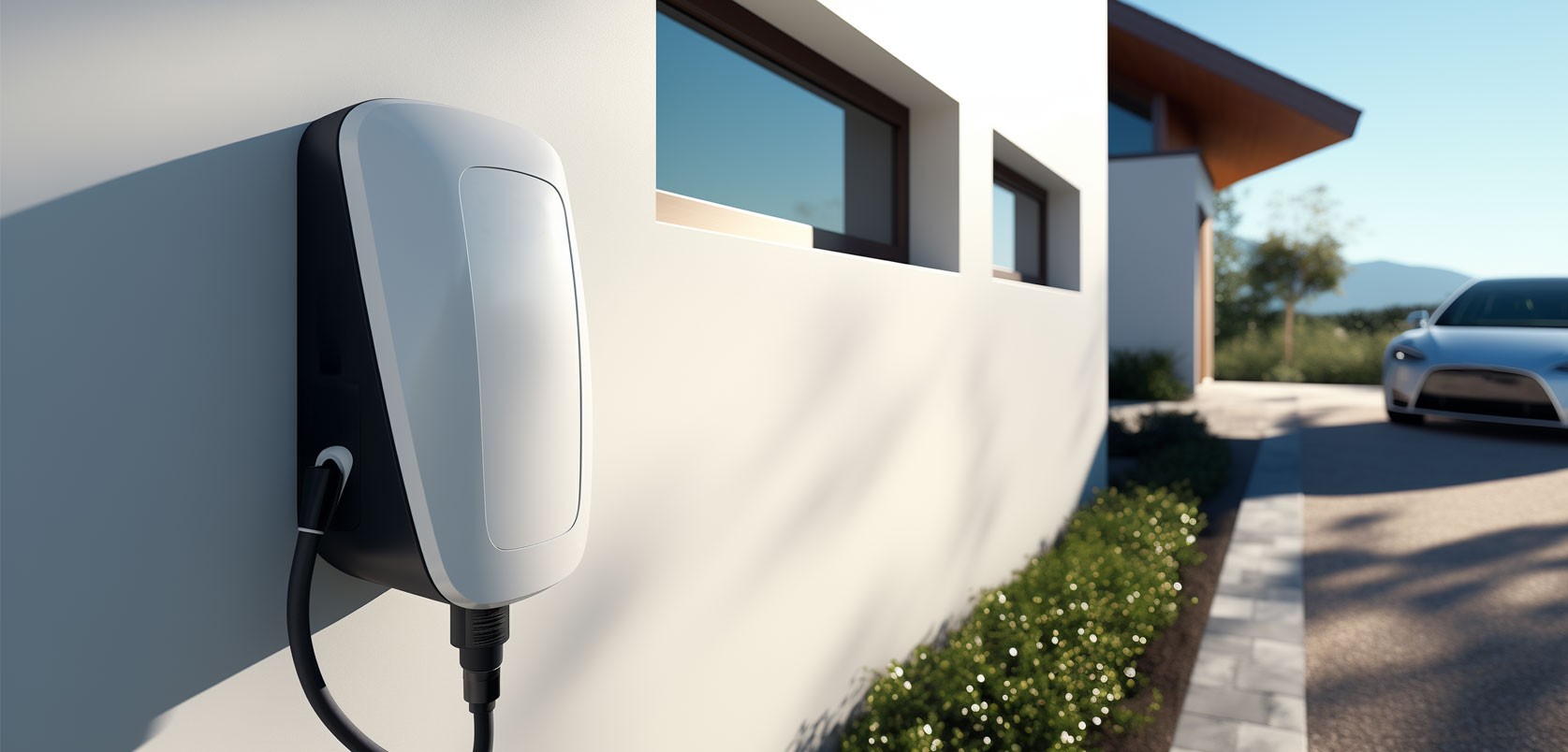 EV charger on a modern house in the mountains