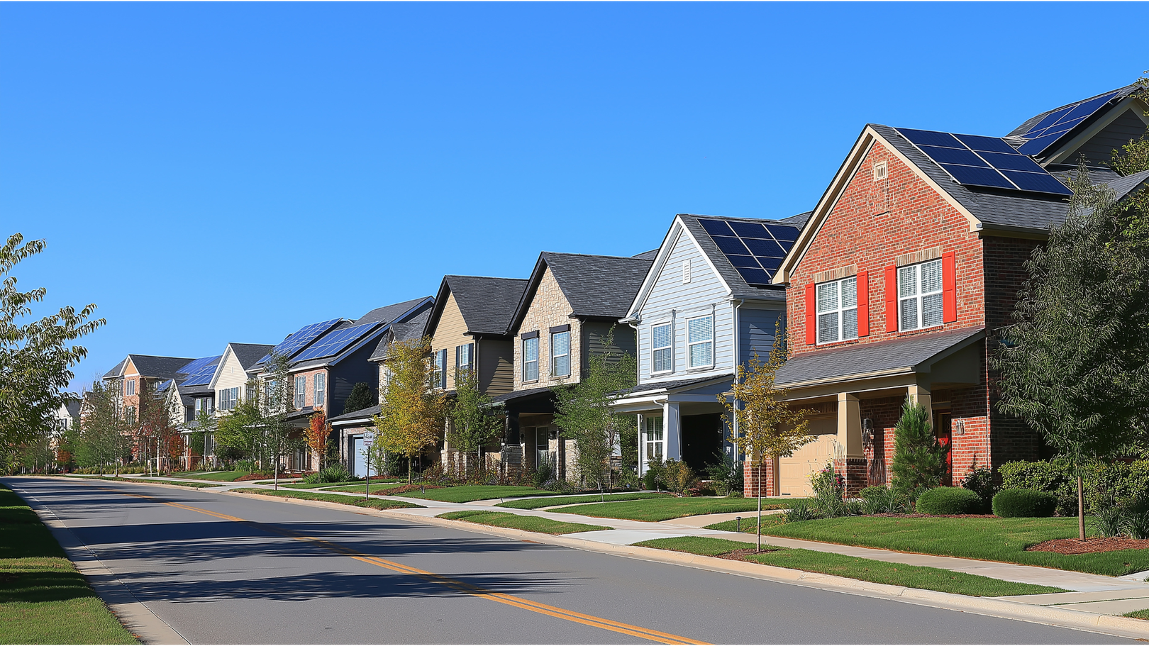Solar panels on roofs of row of houses on residential street