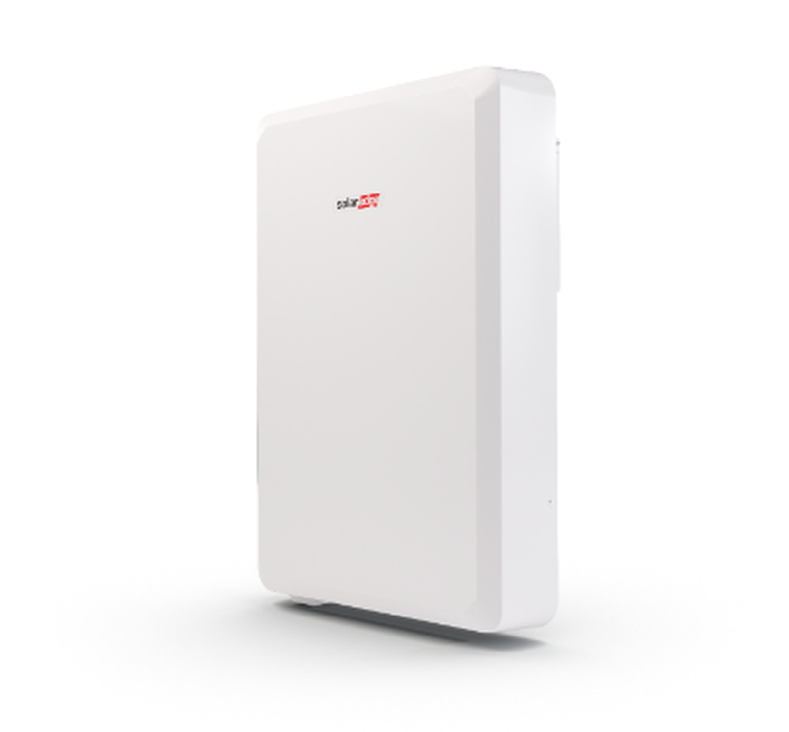 White SolarEdge battery unit with a sleek rectangular design, displaying the SolarEdge logo on the front.