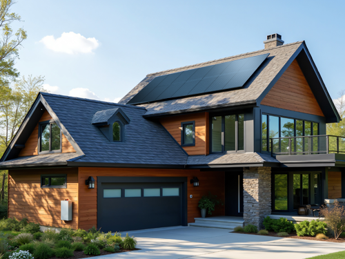 Modern two-story house with wooden siding, solar panels on roof, large windows, and a stone-accented porch, surrounded by lush greenery.