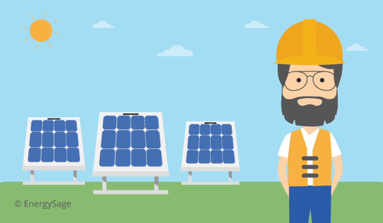 Community solar developer in front of solar panels.