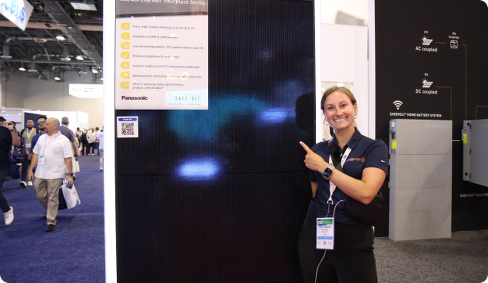 Panasonic solar panel with woman pointing