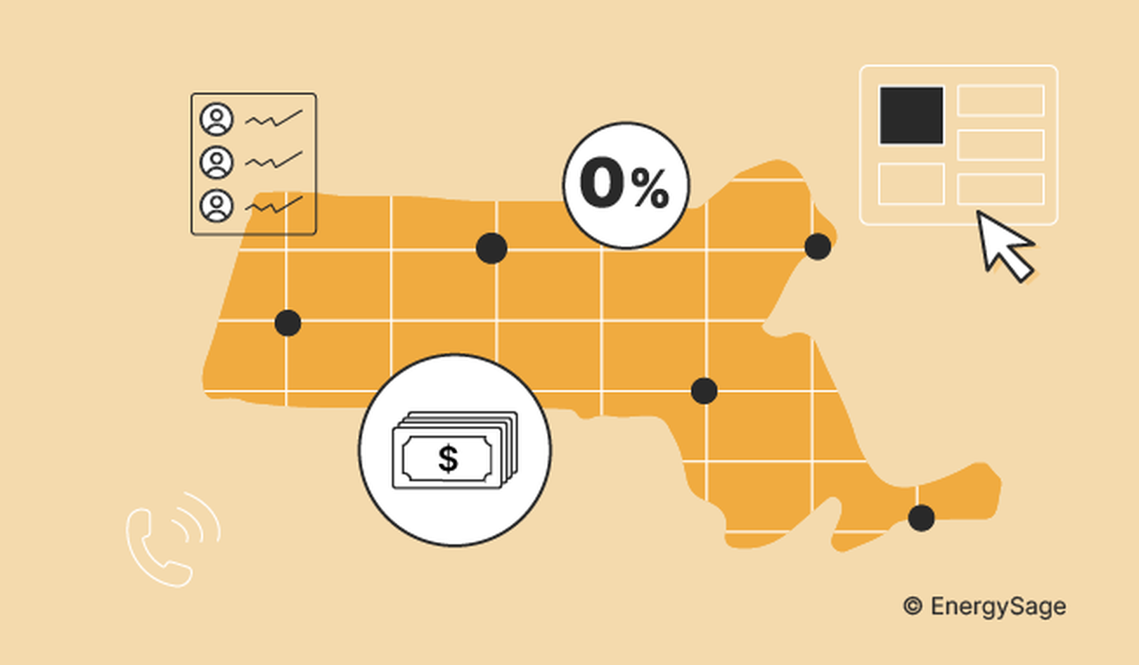 Image of Massachusetts with financing related icons
