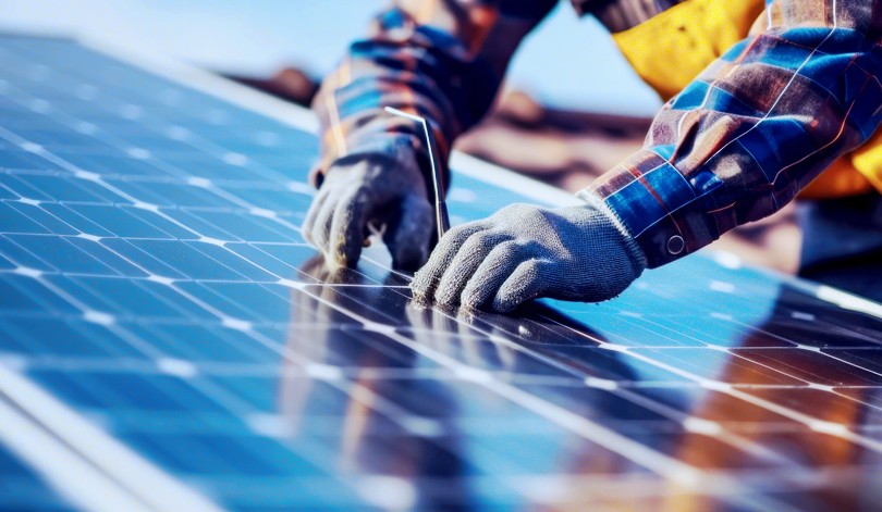 Close up of worker wearing gloves installing a solar panel