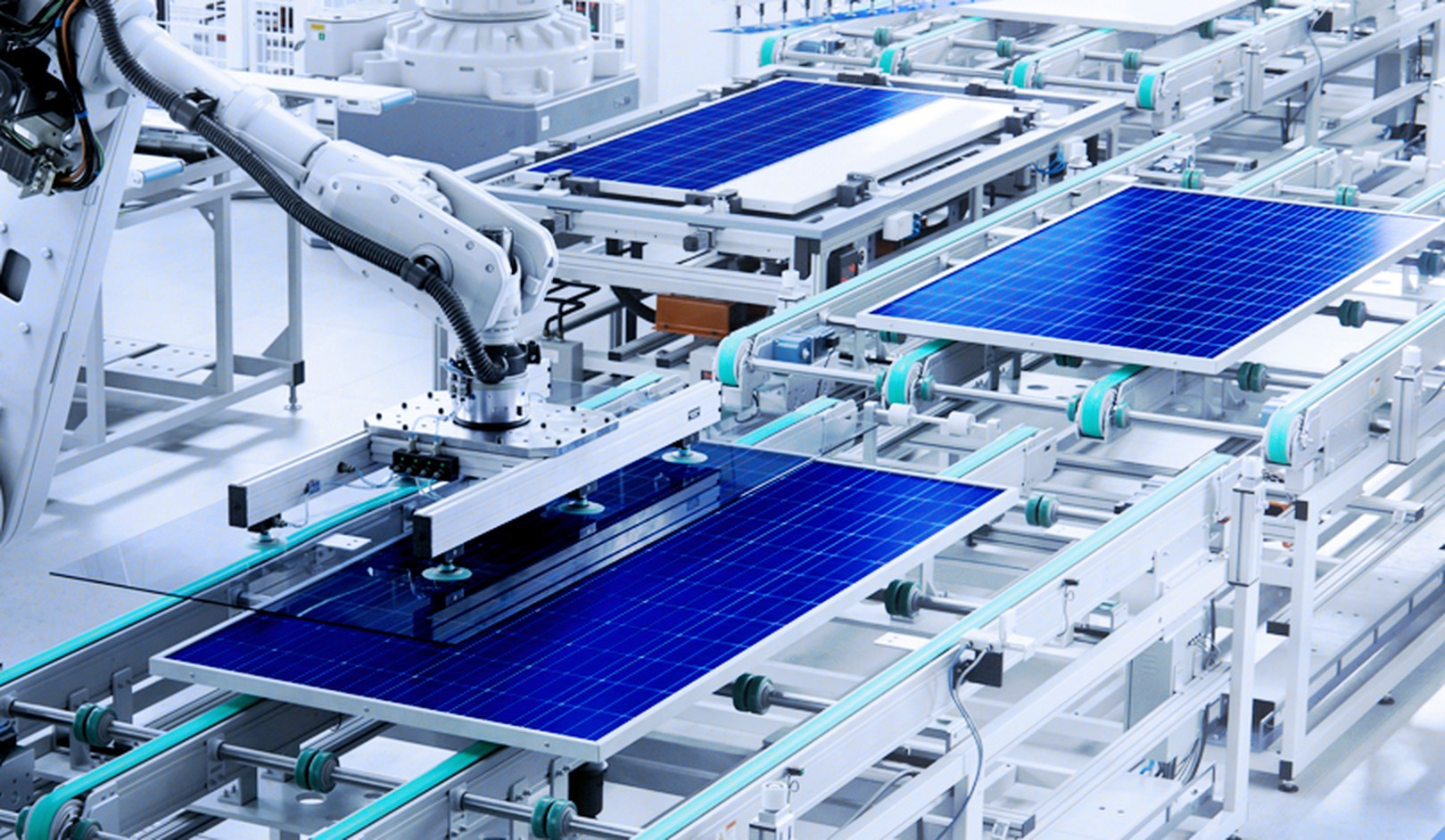 Close up shot of automated solar panel production in a factory