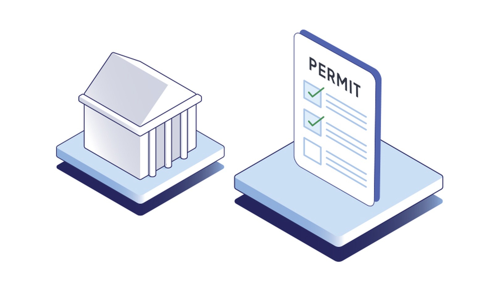 A graphic depicting a city hall and a permit application to show the need to secure the proper permits for the solar project