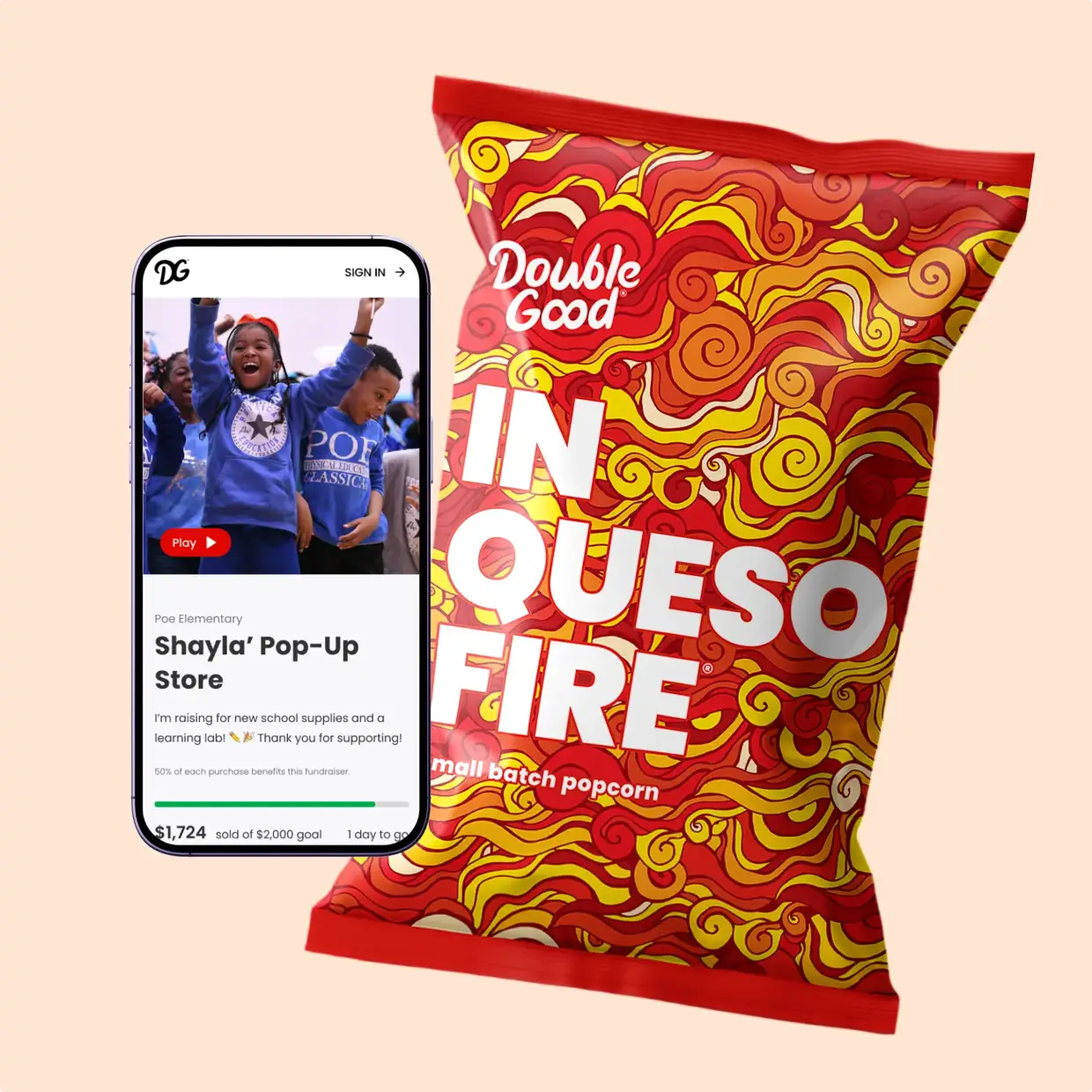 Double Good popcorn bag next to a mobile Pop-Up Store page showing an online fundraiser progress bar and sales goal.