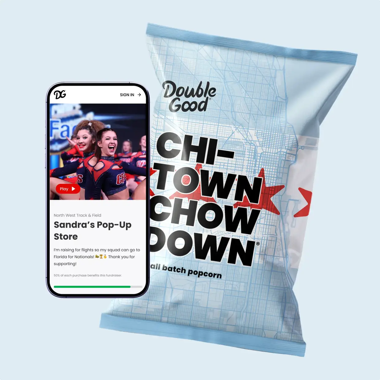 Double Good Chi Town Chow Down popcorn alongside a personalized Pop-Up Store® shown on a phone.