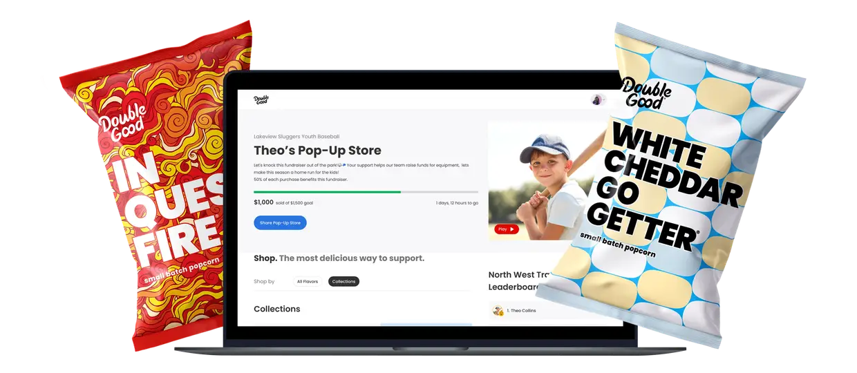 Laptop showing a Double Good Pop-Up Store fundraiser page with Double Good popcorn bags on both sides.