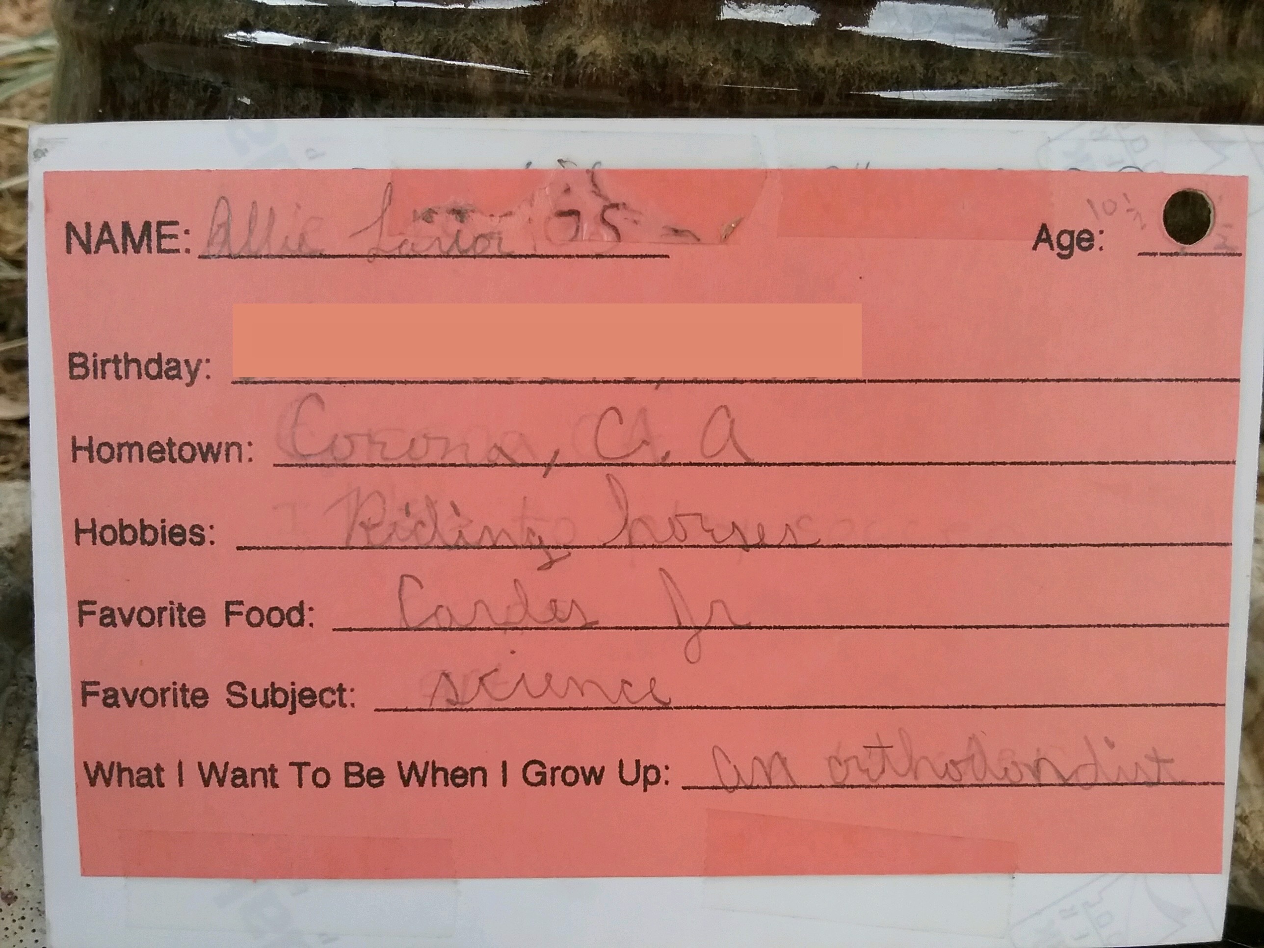 Dr. Allie Larios, DDS - Berkeley Orthodontist - Notecard about wanting to be an orthodontist as a child