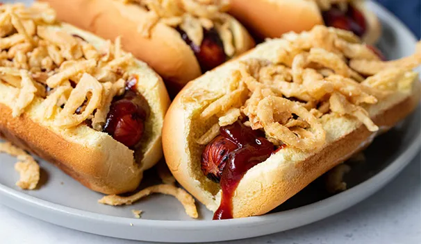 Crispy Onion BBQ Dogs